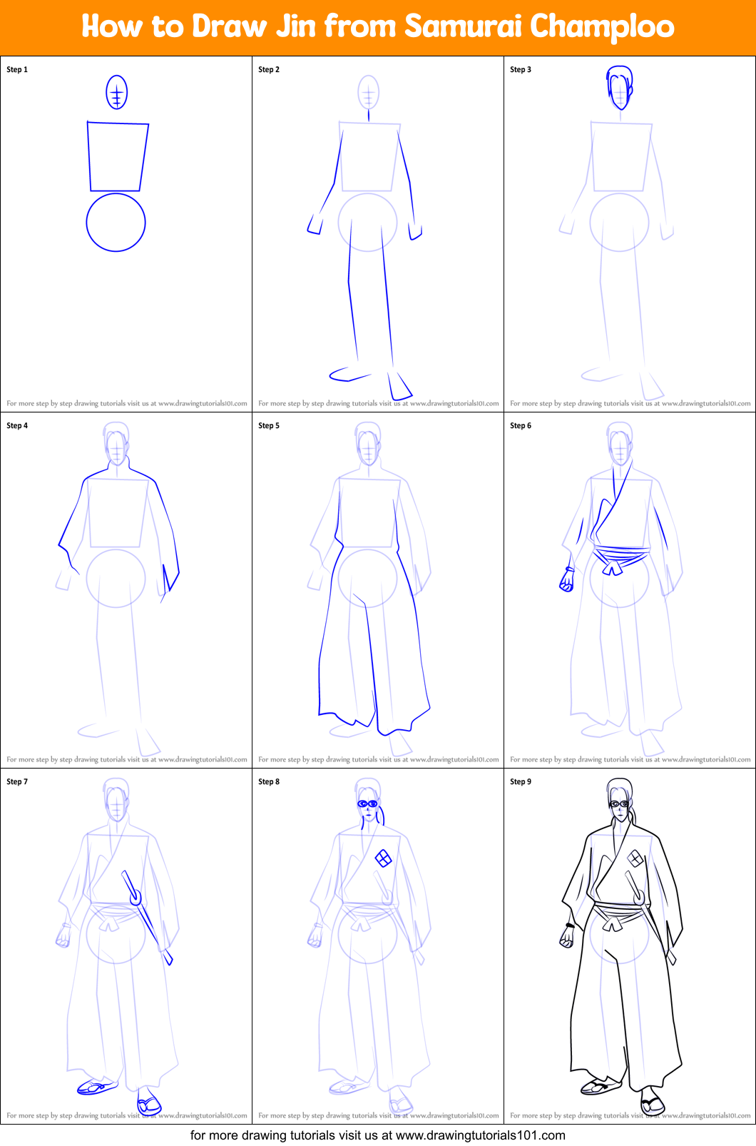How to Draw Jin from Samurai Champloo Printable Step by Step
