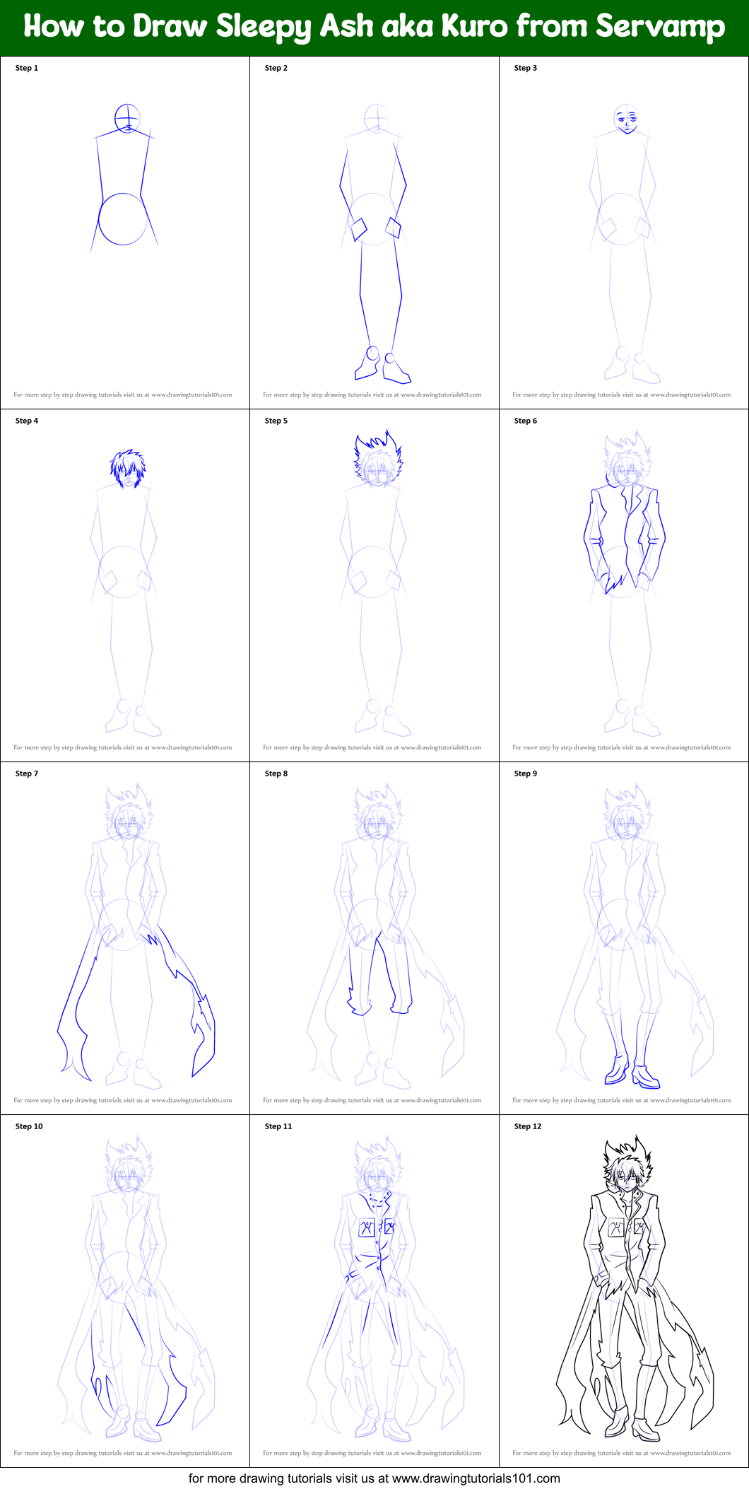 How to Draw Sleepy Ash aka Kuro from Servamp Printable Step by Step