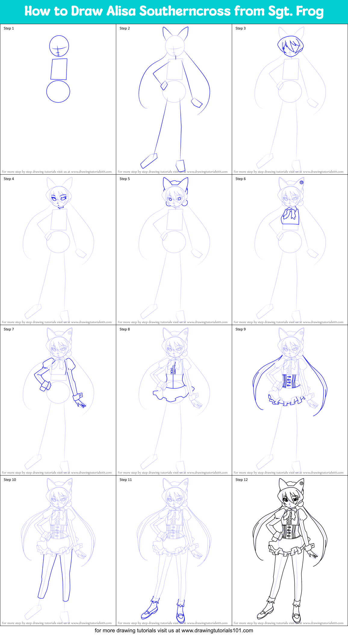 How to Draw Alisa Southerncross from Sgt. Frog Printable Step by Step