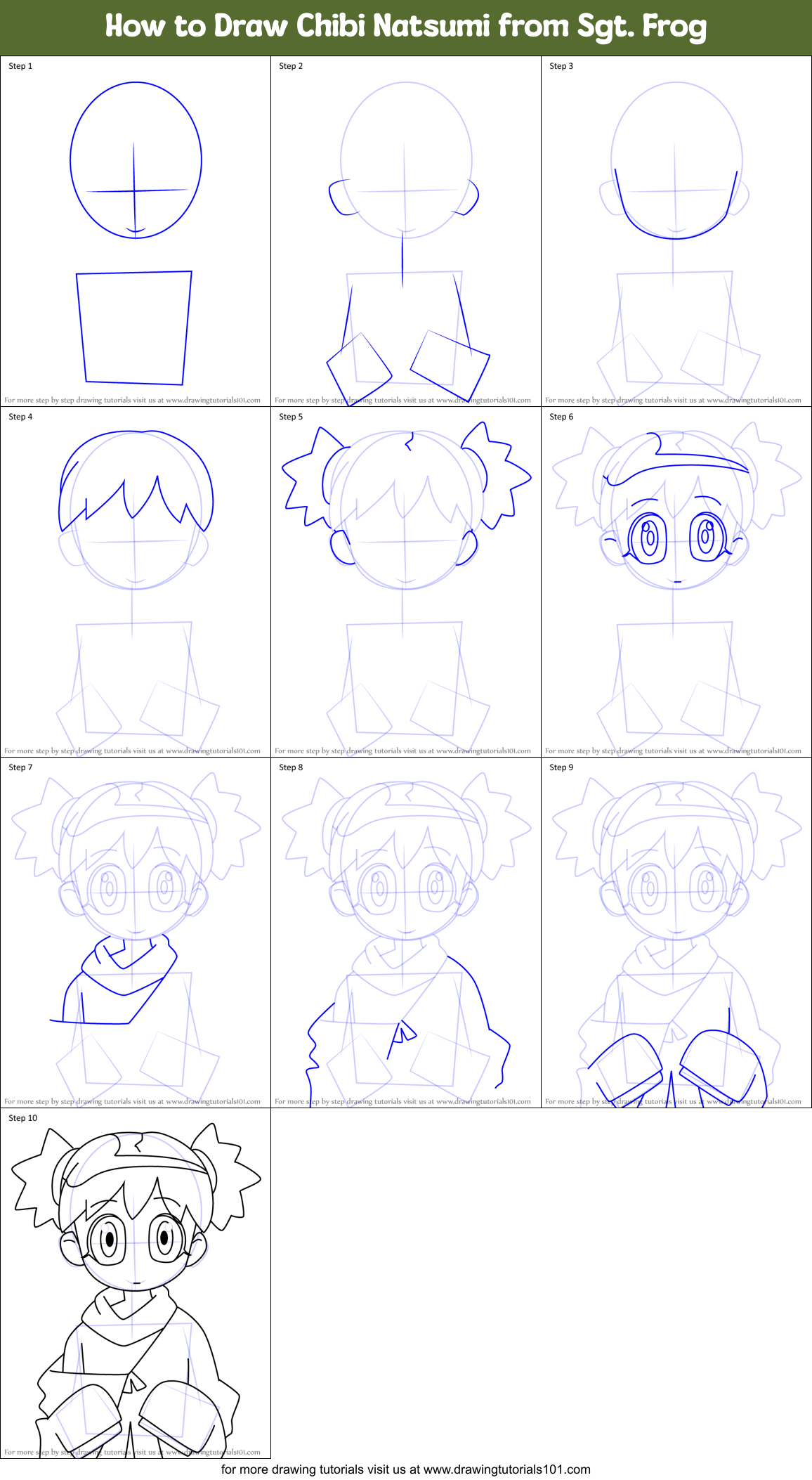 How to Draw Chibi Natsumi from Sgt. Frog Printable Step by Step