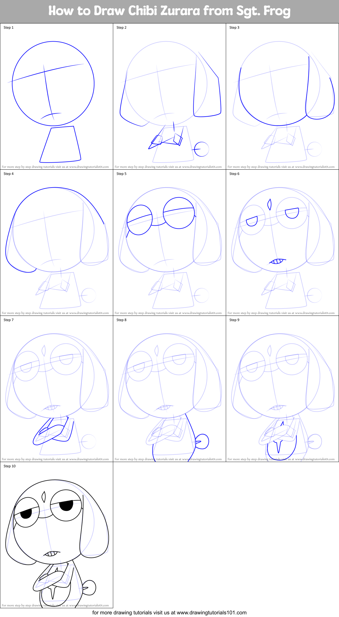 How to Draw Chibi Zurara from Sgt. Frog Printable Step by Step