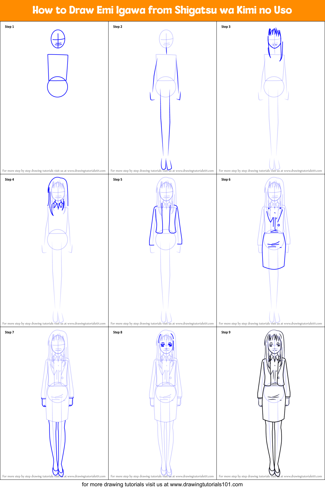 How to Draw Emi Igawa from Shigatsu wa Kimi no Uso Printable Step by Step