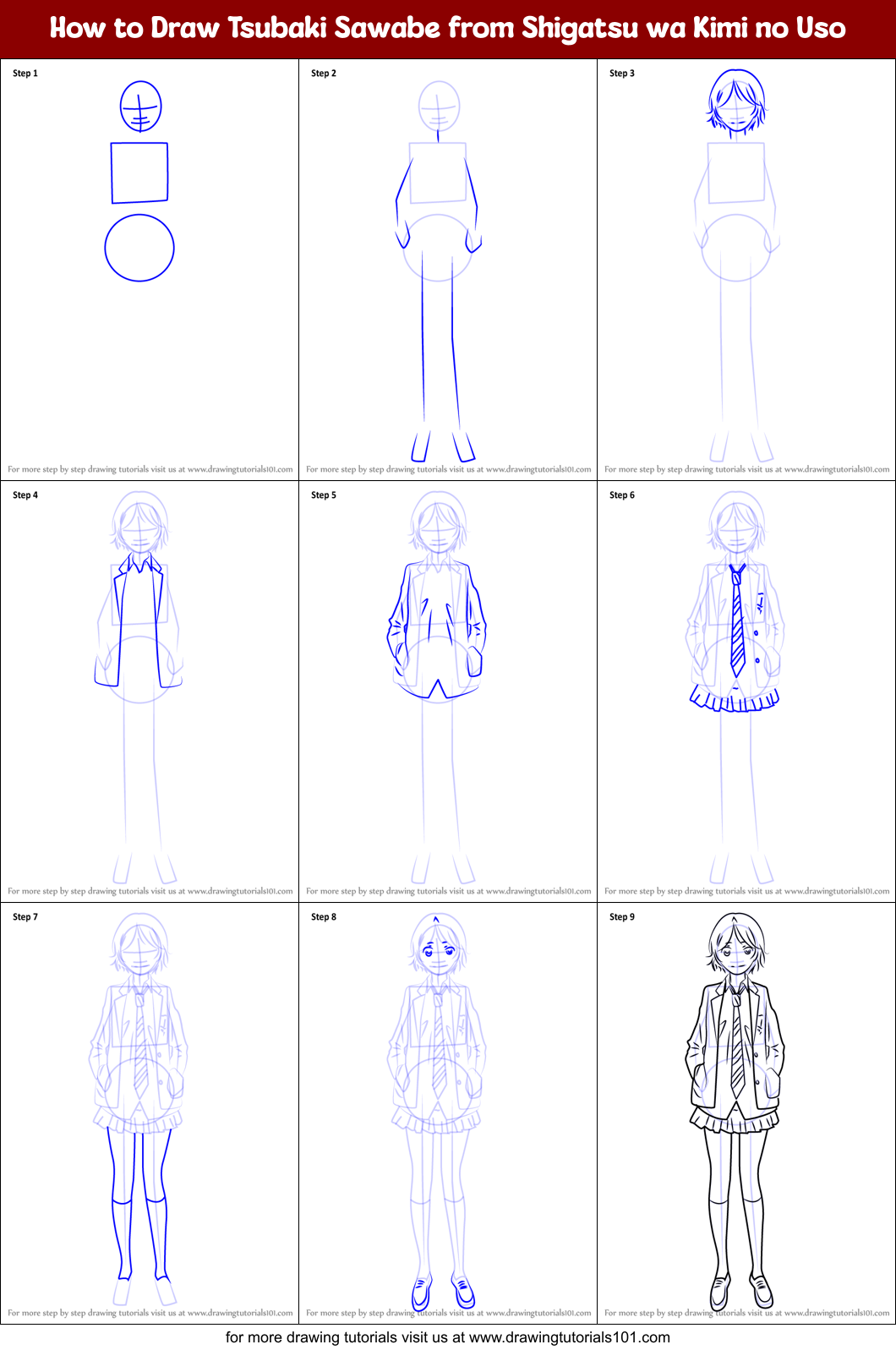 How to Draw Tsubaki Sawabe from Shigatsu wa Kimi no Uso Printable Step by Step
