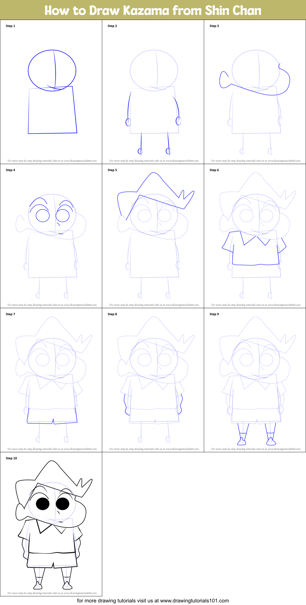 How to Draw Kazama from Shin Chan printable step by step drawing sheet