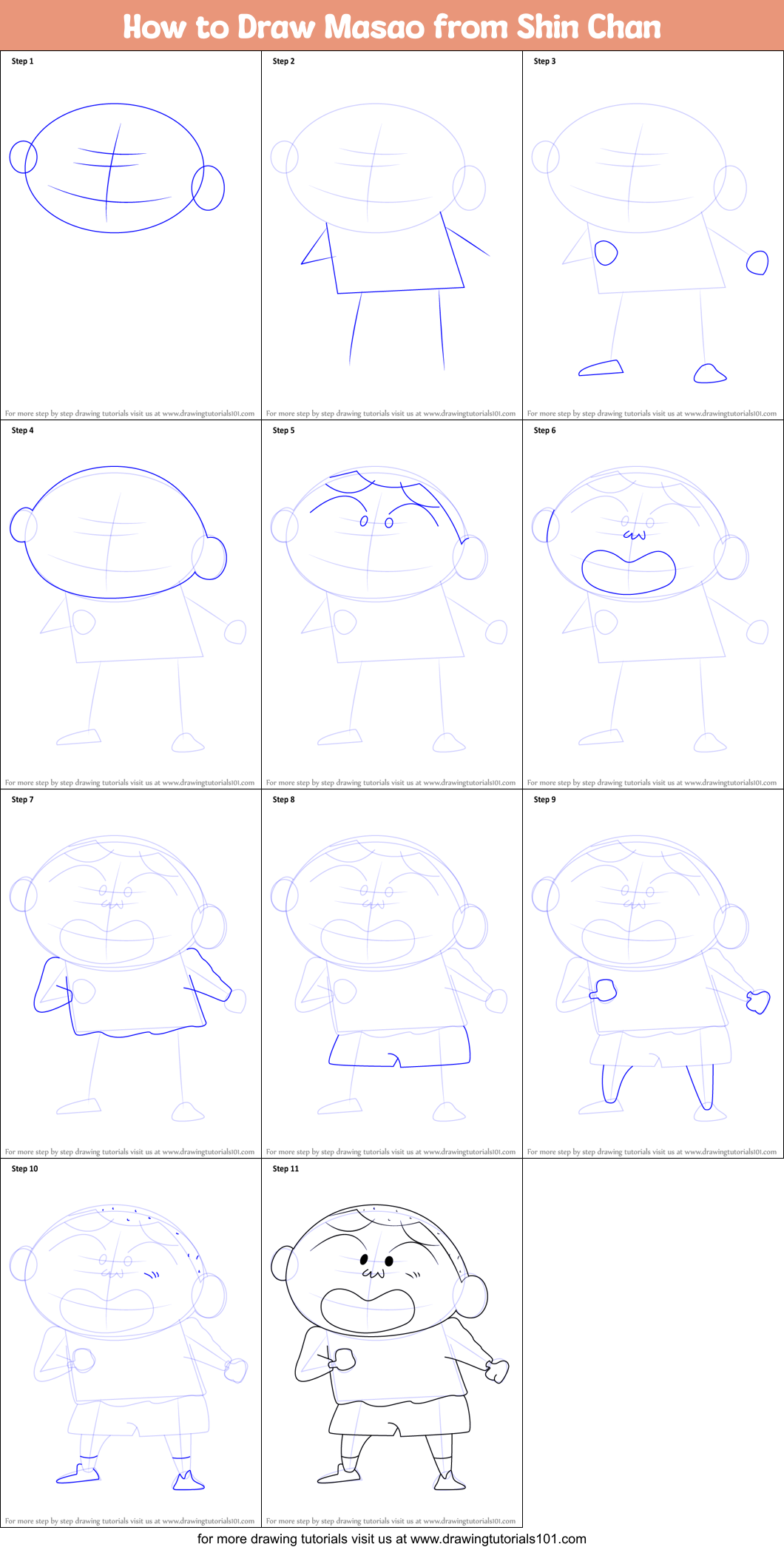 How to Draw Masao from Shin Chan Printable Step by Step