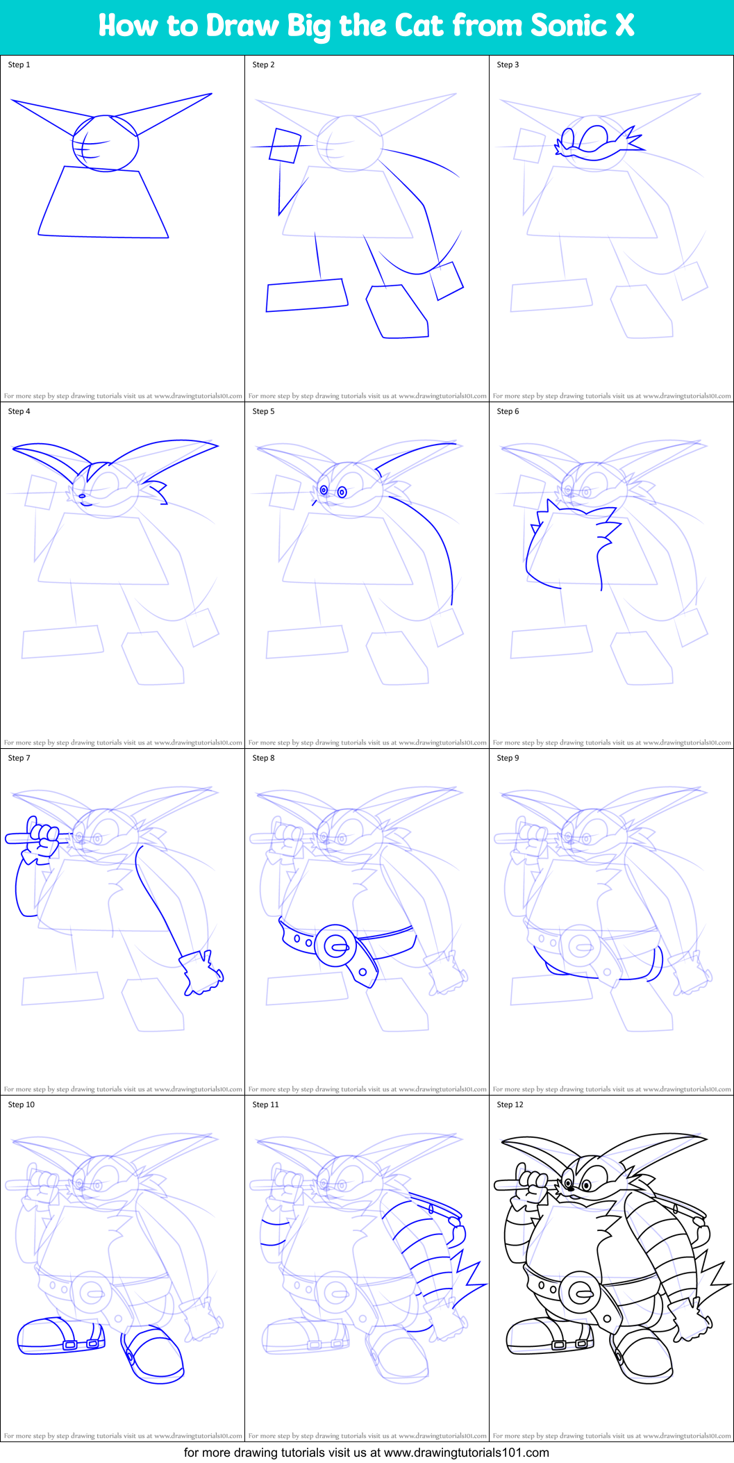 How to Draw Big the Cat from Sonic X Printable Step by Step