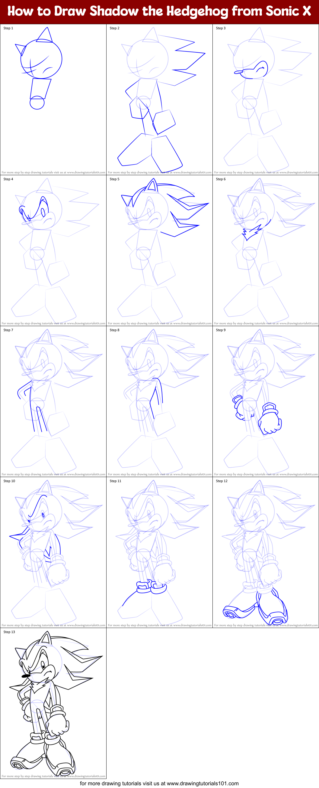 How to Draw Shadow the Hedgehog from Sonic X printable step by step