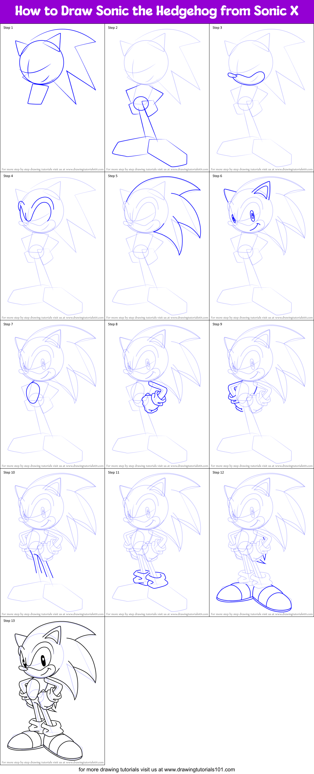 How To Draw Sonic The Hedgehog From Sonic X Printable Step By Step