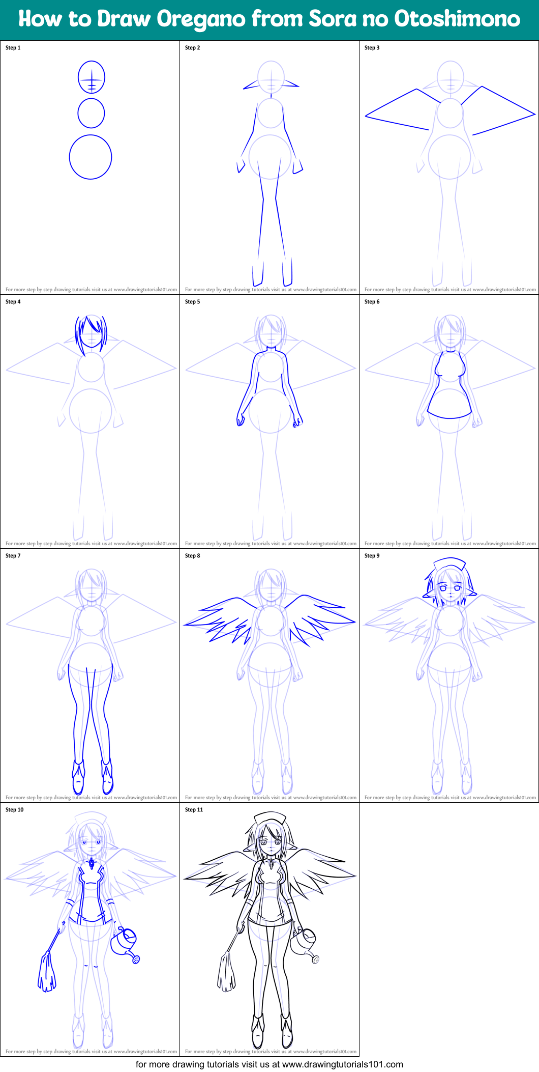 How to Draw Oregano from Sora no Otoshimono Printable Step by Step