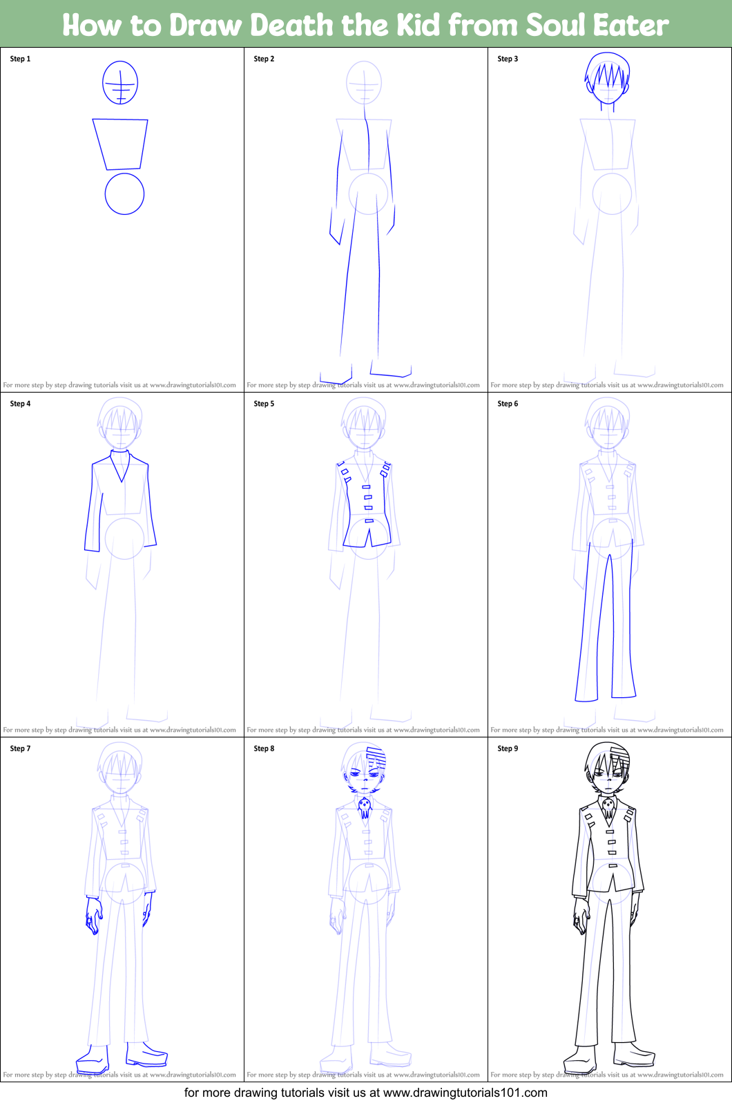 How to Draw Death the Kid from Soul Eater Printable Step by Step