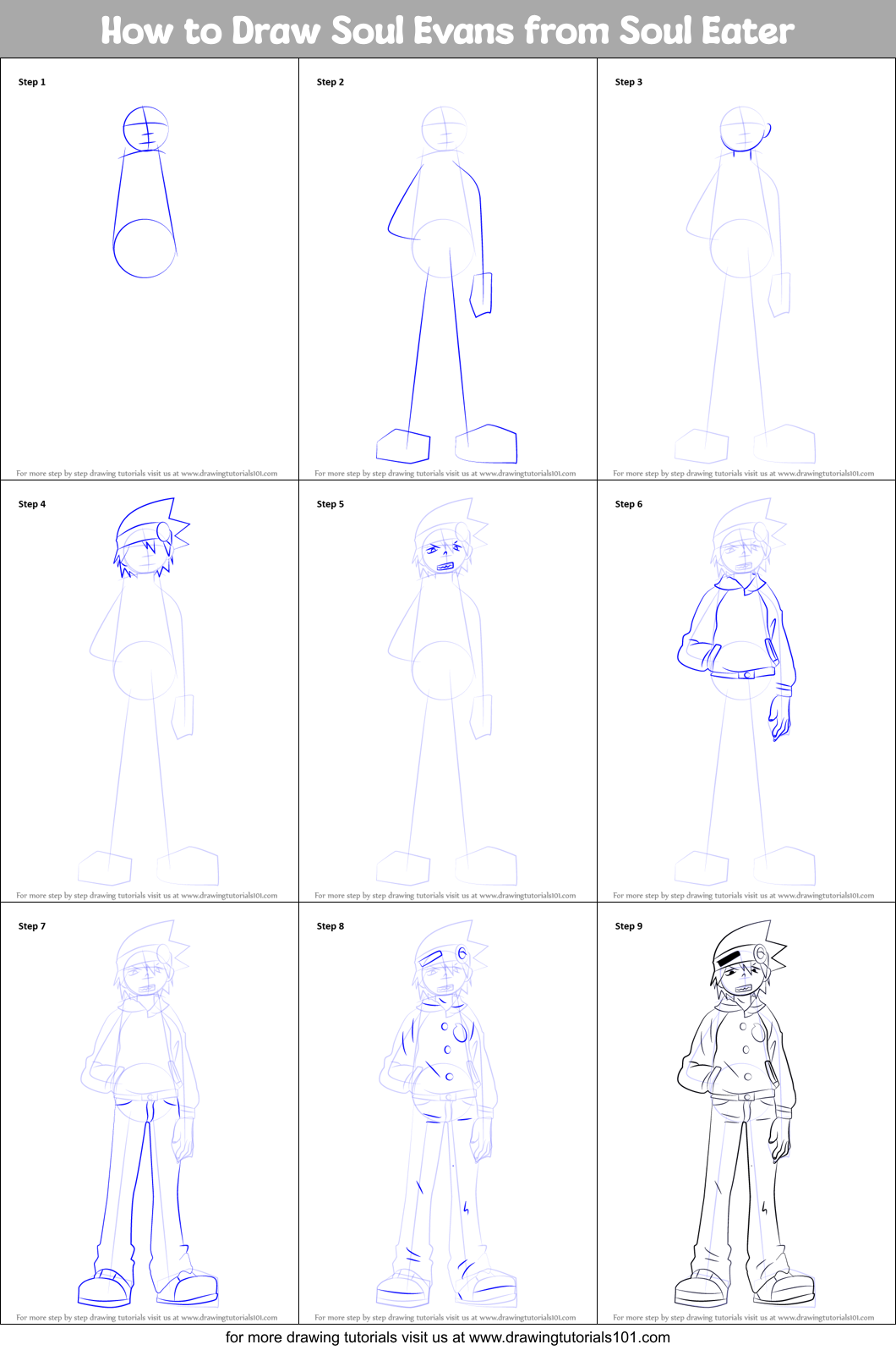 How to Draw Soul Evans from Soul Eater Printable Step by Step