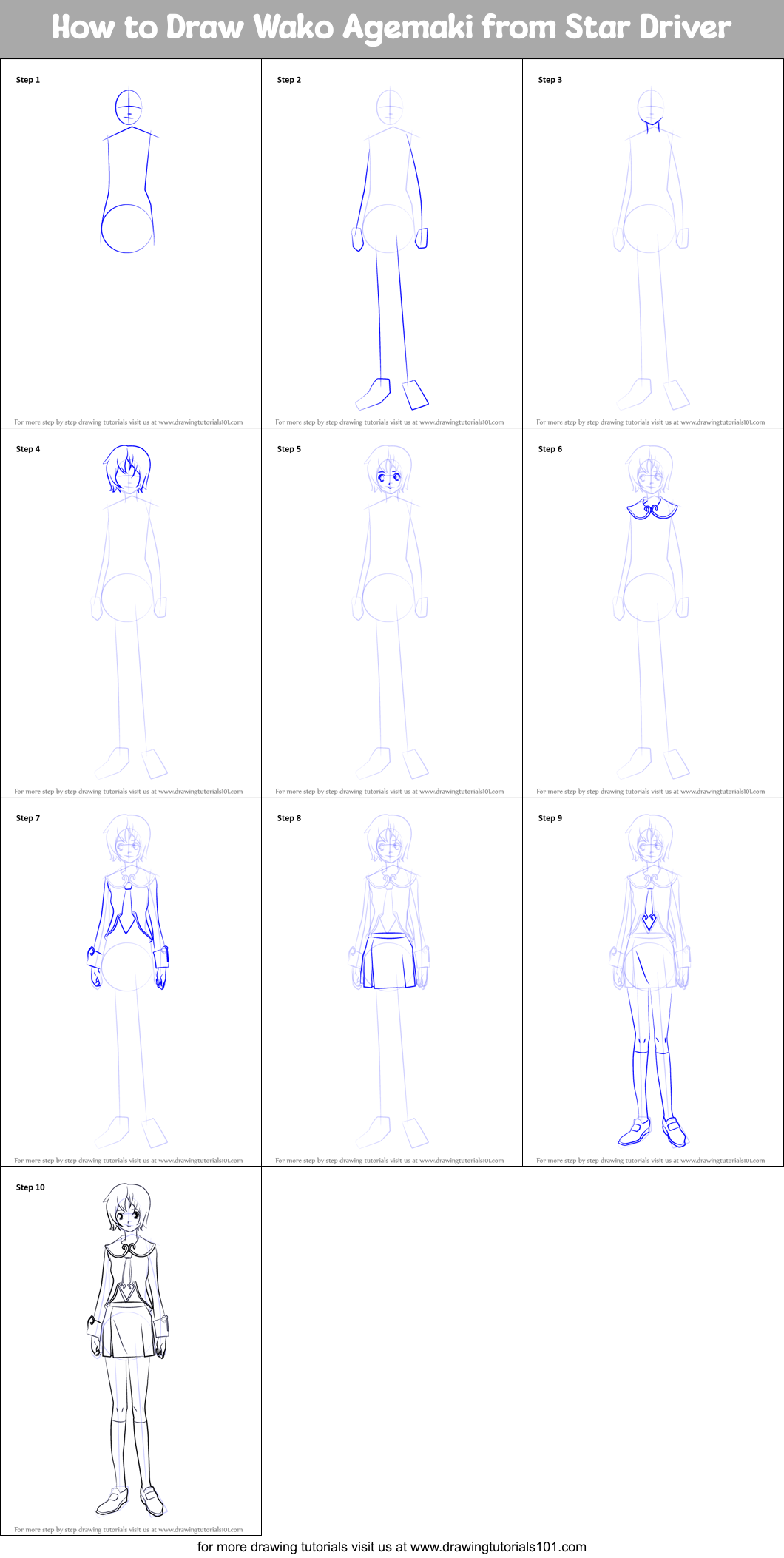 How to Draw Wako Agemaki from Star Driver Printable Step by Step