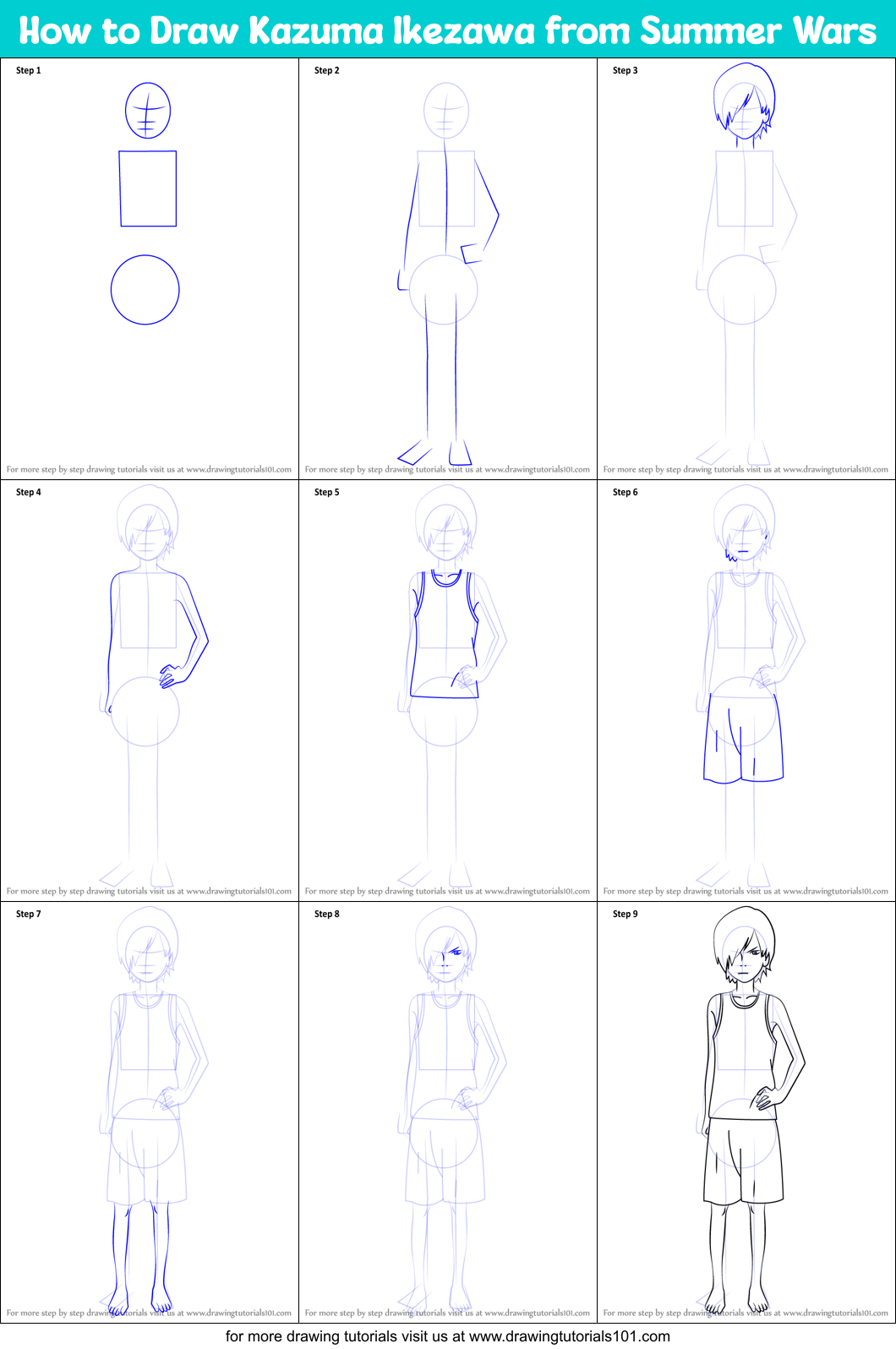 How to Draw Kazuma Ikezawa from Summer Wars Printable Step by Step