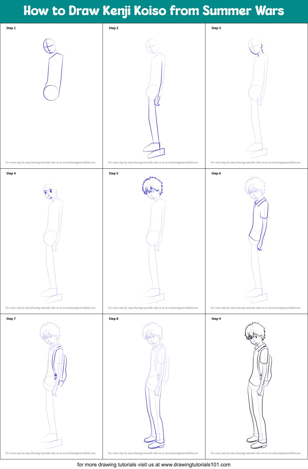 How to Draw Kenji Koiso from Summer Wars Printable Step by Step