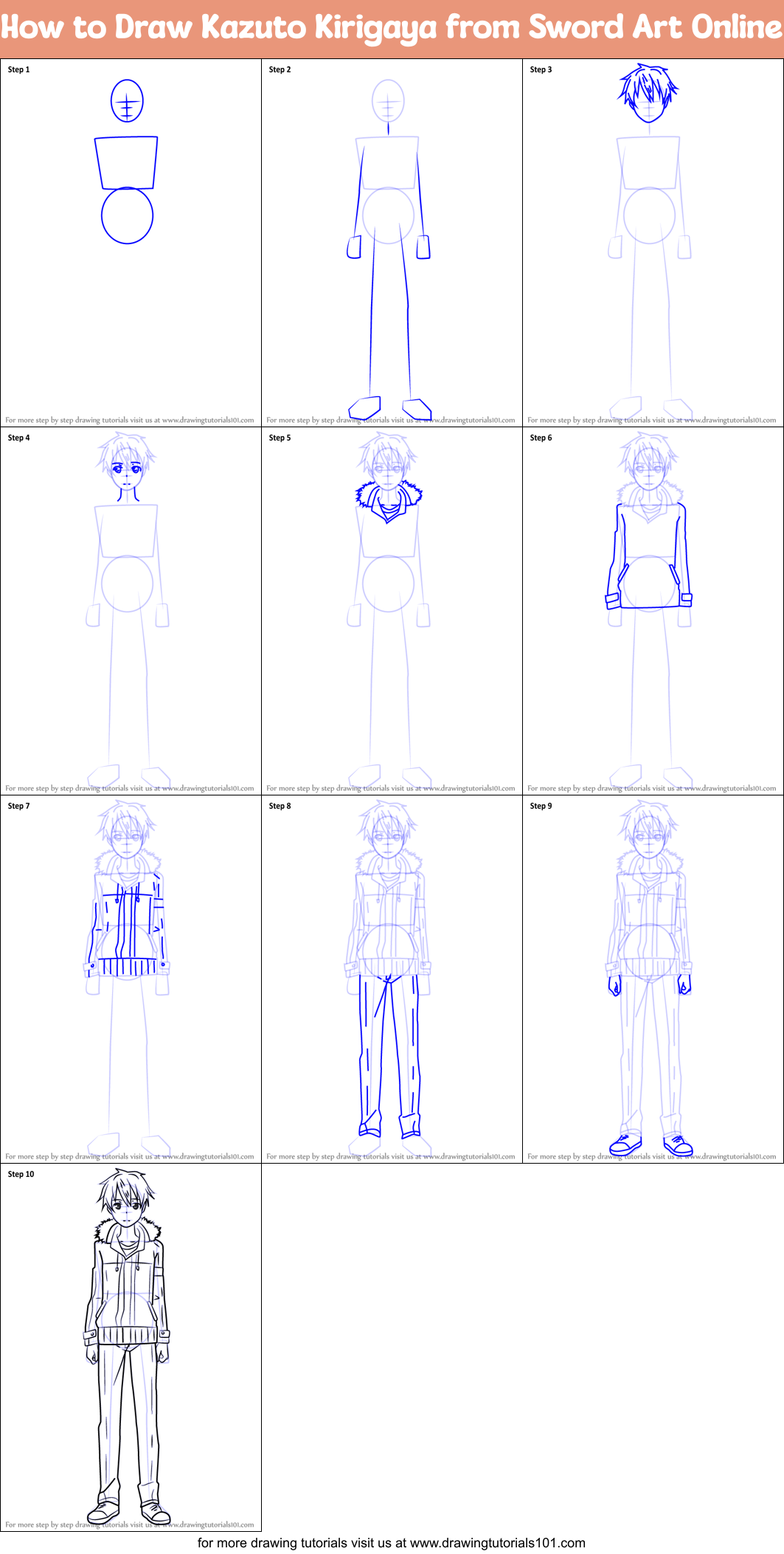 How to Draw Kazuto Kirigaya from Sword Art Online Printable Step by Step