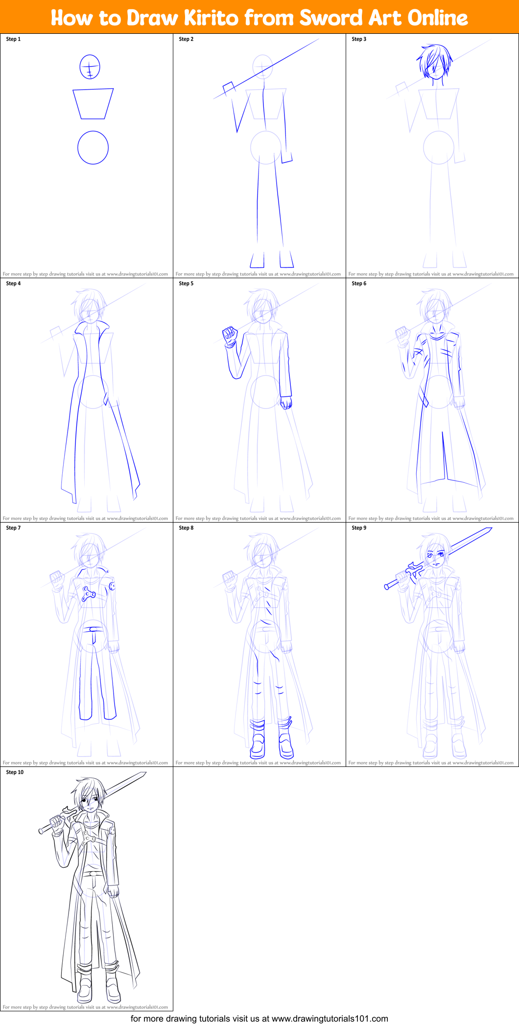 SWORD ART ONLINE MAIN CHARACTER DRAWING, KIRUTU STEP BY STEP DRAWING