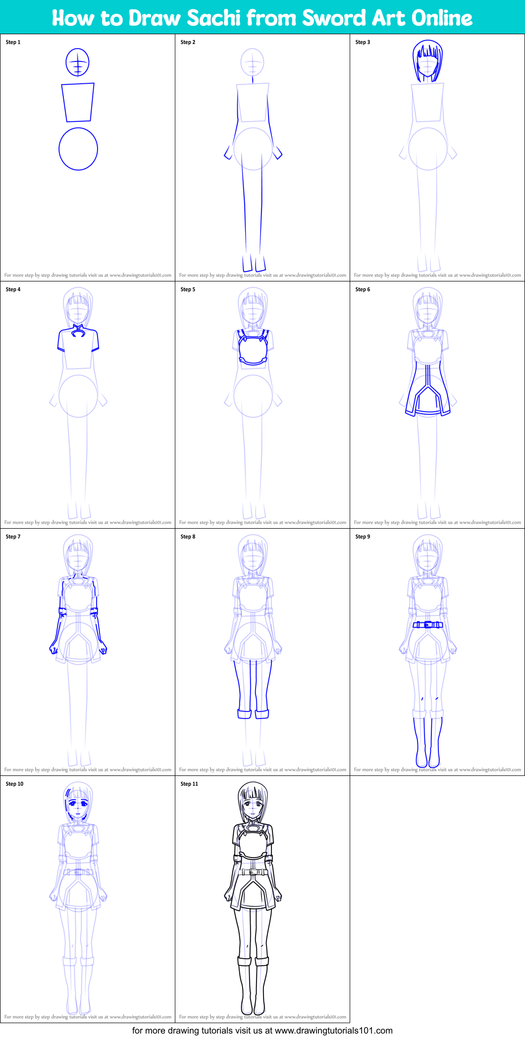How to Draw Sachi from Sword Art Online Printable Step by Step