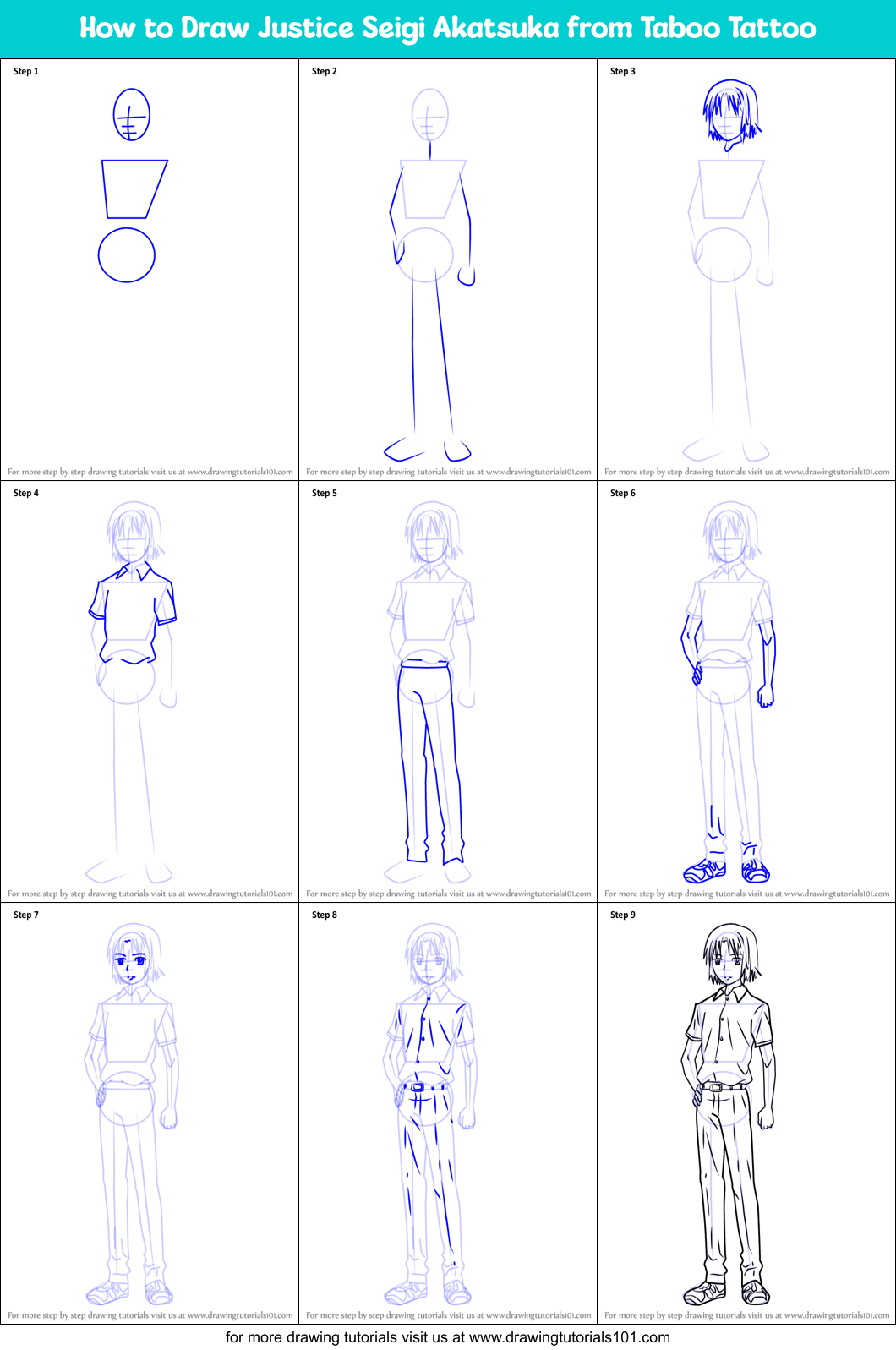 How to Draw Justice Seigi Akatsuka from Taboo Tattoo Printable Step by Step