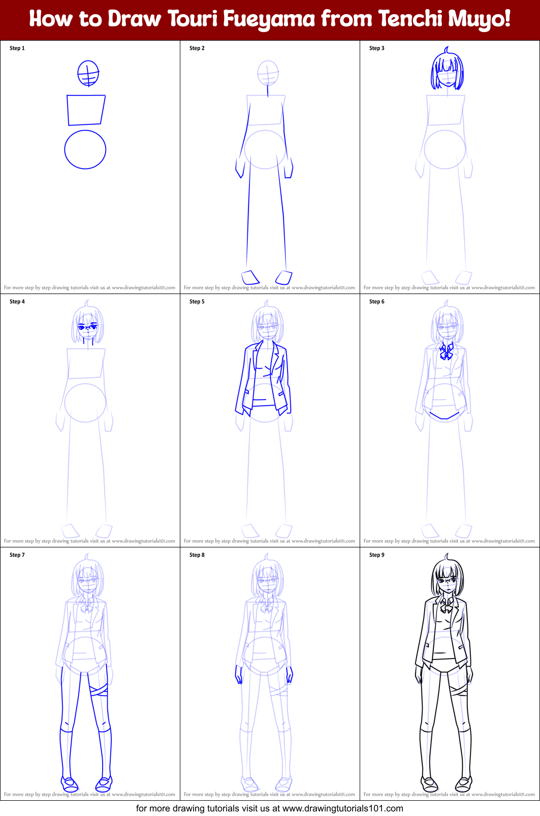 How to Draw Touri Fueyama from Tenchi Muyo! Printable Step by Step
