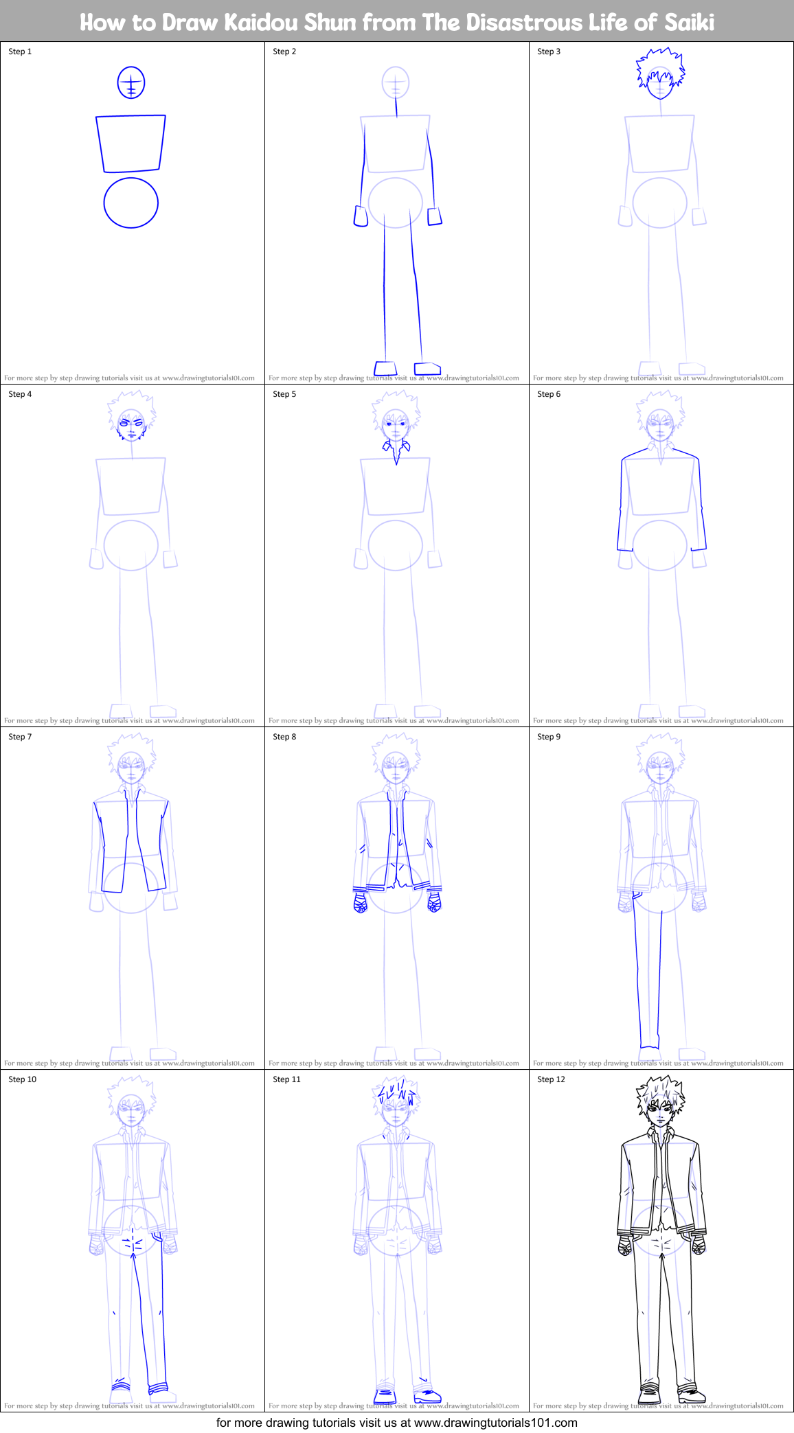How to Draw Kaidou Shun from The Disastrous Life of Saiki Printable Step by Step