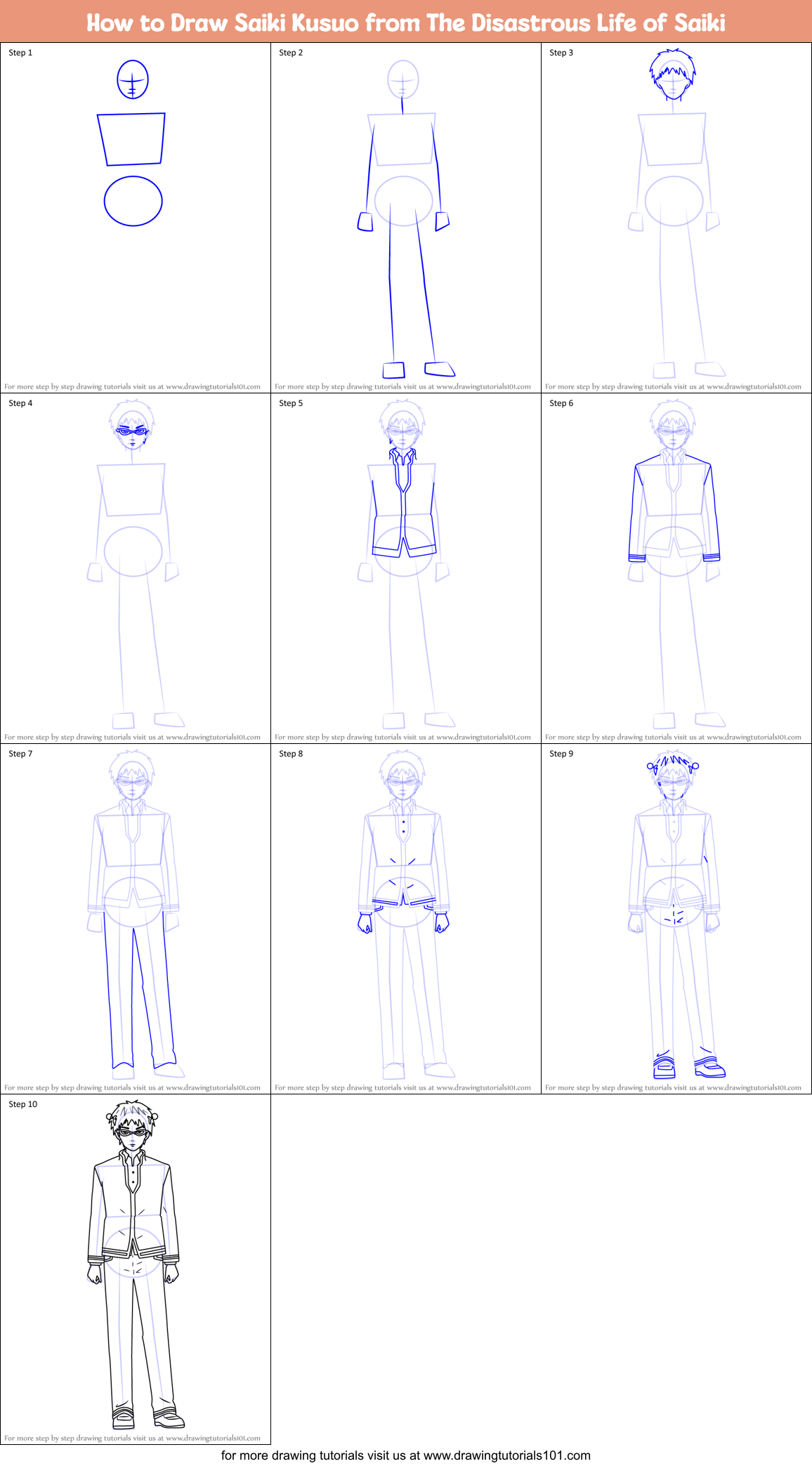 How to Draw Saiki Kusuo from The Disastrous Life of Saiki Printable Step by Step