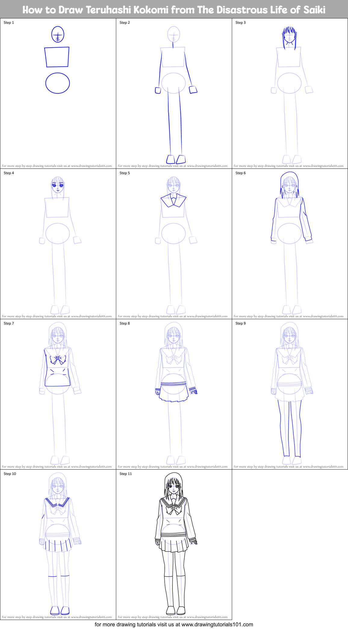 How to Draw Teruhashi Kokomi from The Disastrous Life of Saiki Printable Step by Step