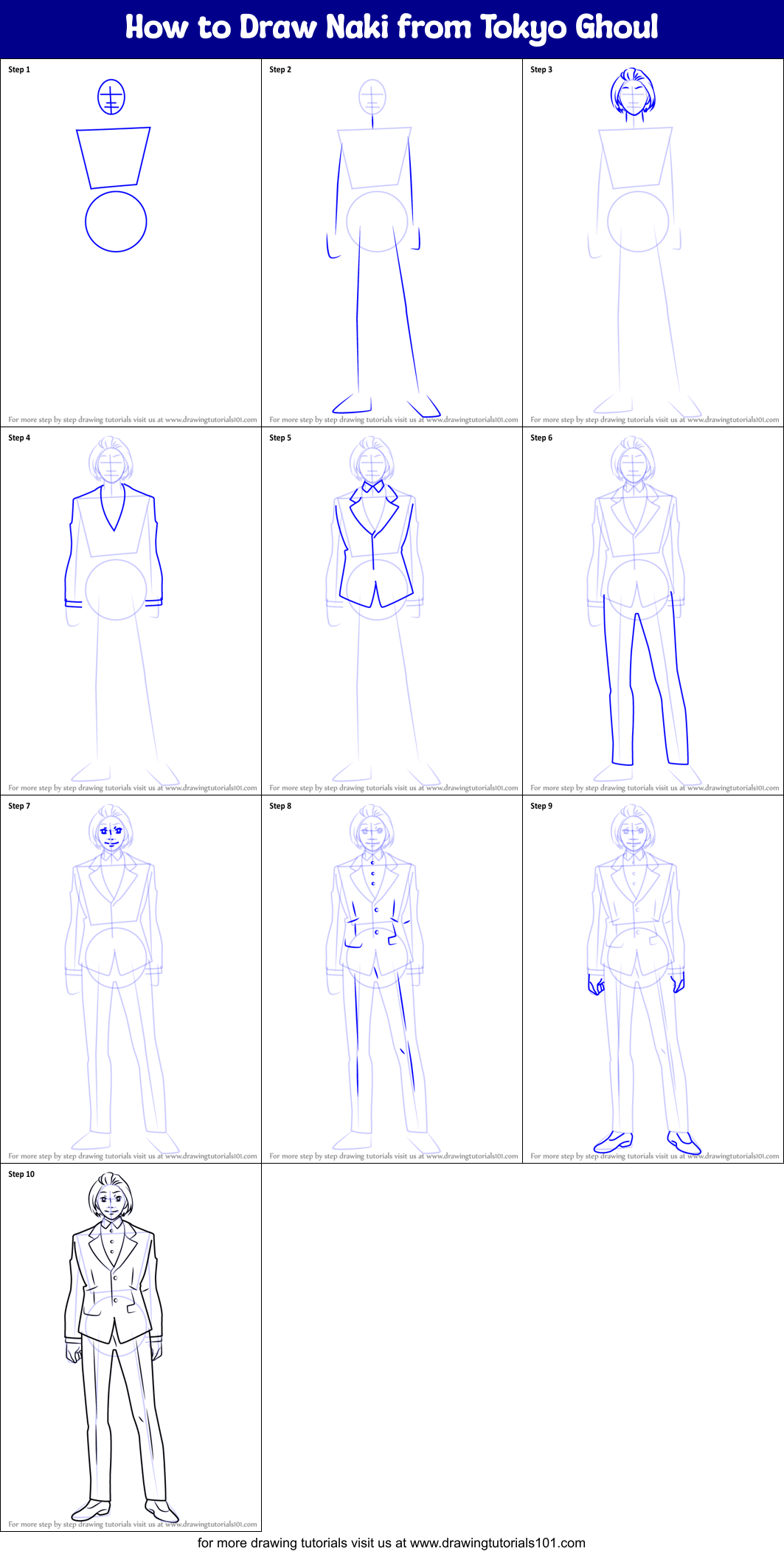 How to Draw Naki from Tokyo Ghoul Printable Step by Step