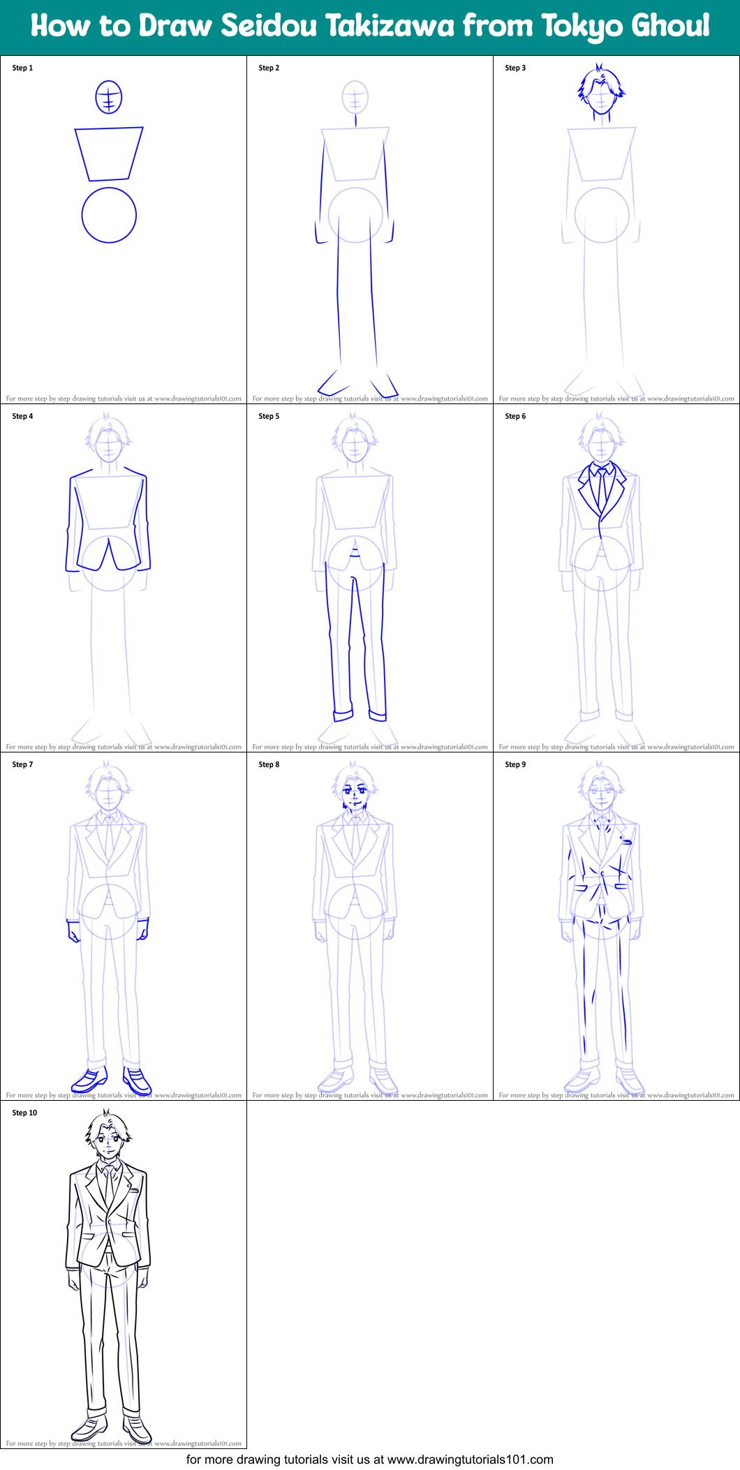 How to Draw Seidou Takizawa from Tokyo Ghoul Printable Step by Step