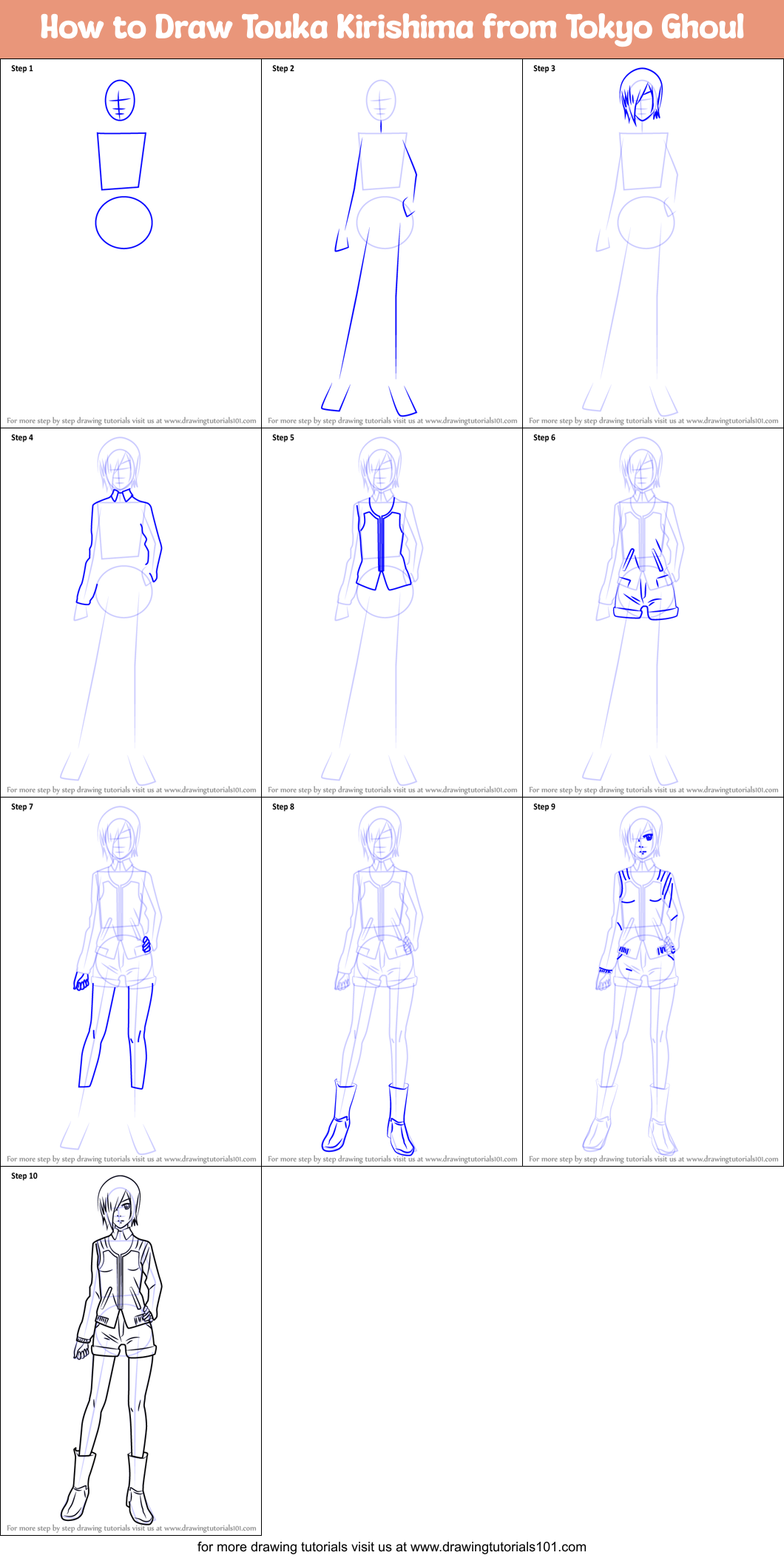 How to Draw Touka Kirishima from Tokyo Ghoul Printable Step by Step