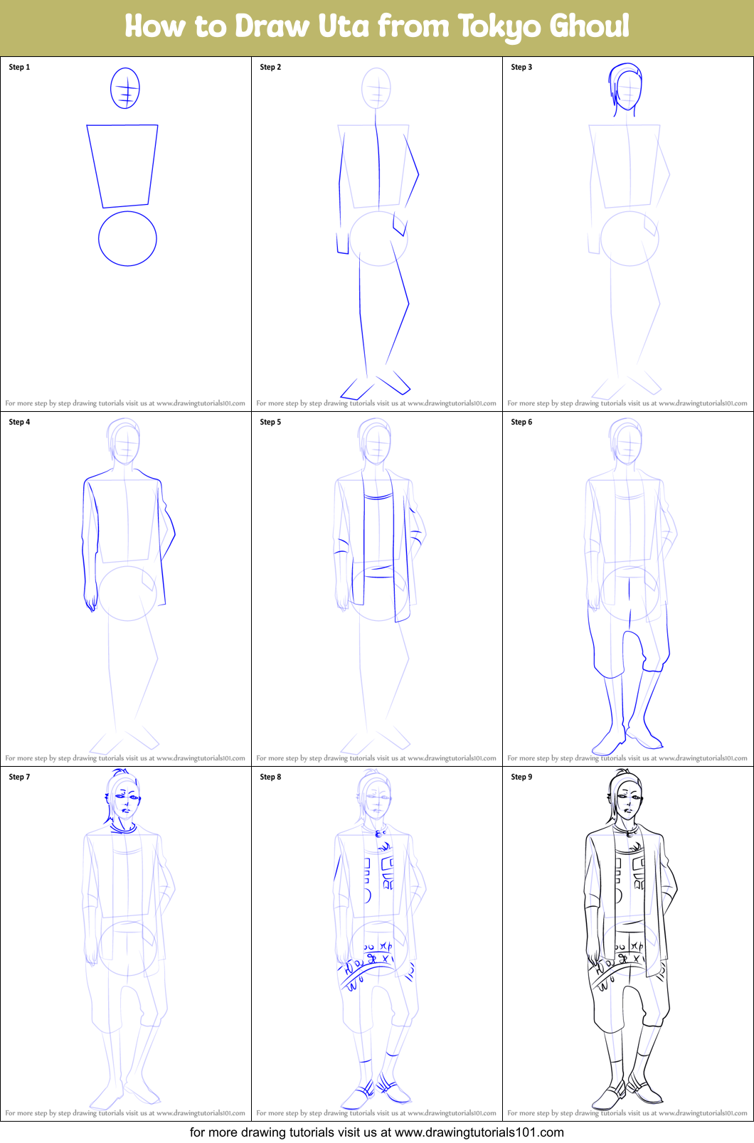 How to Draw Uta from Tokyo Ghoul Printable Step by Step