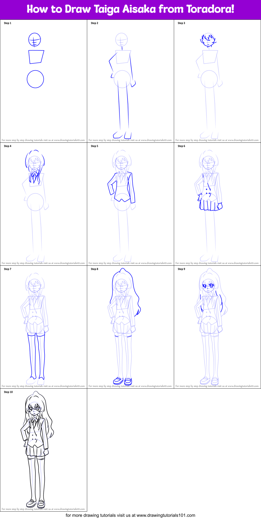 How to Draw Taiga Aisaka from Toradora! Printable Step by Step