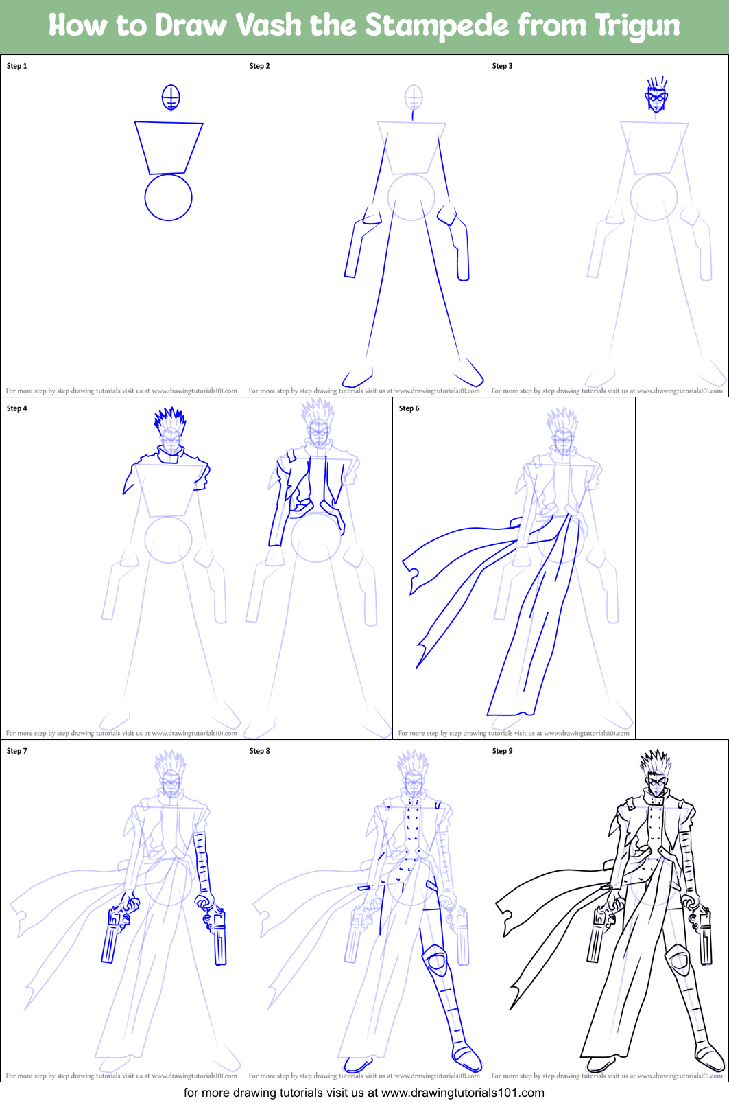 How to Draw Vash the Stampede from Trigun Printable Step by Step