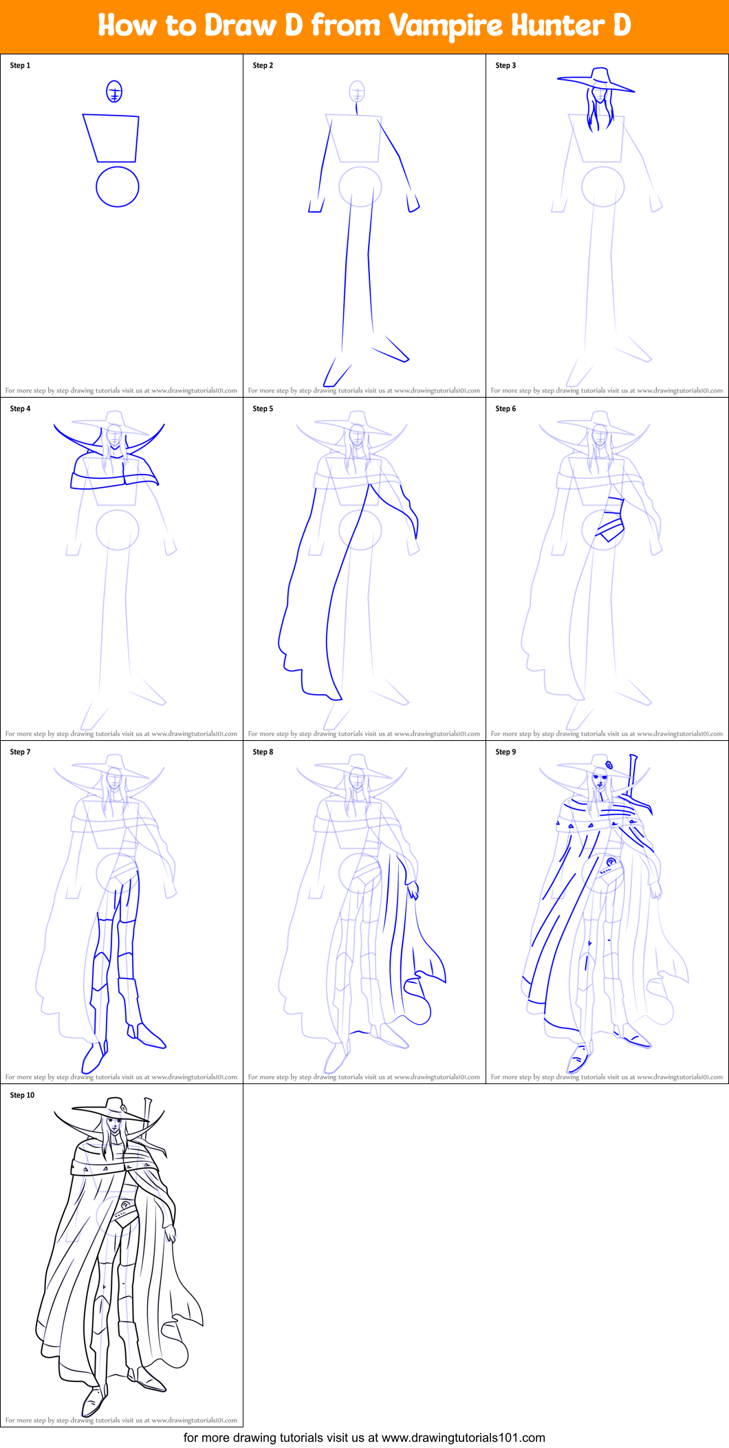 How to Draw D from Vampire Hunter D Printable Step by Step