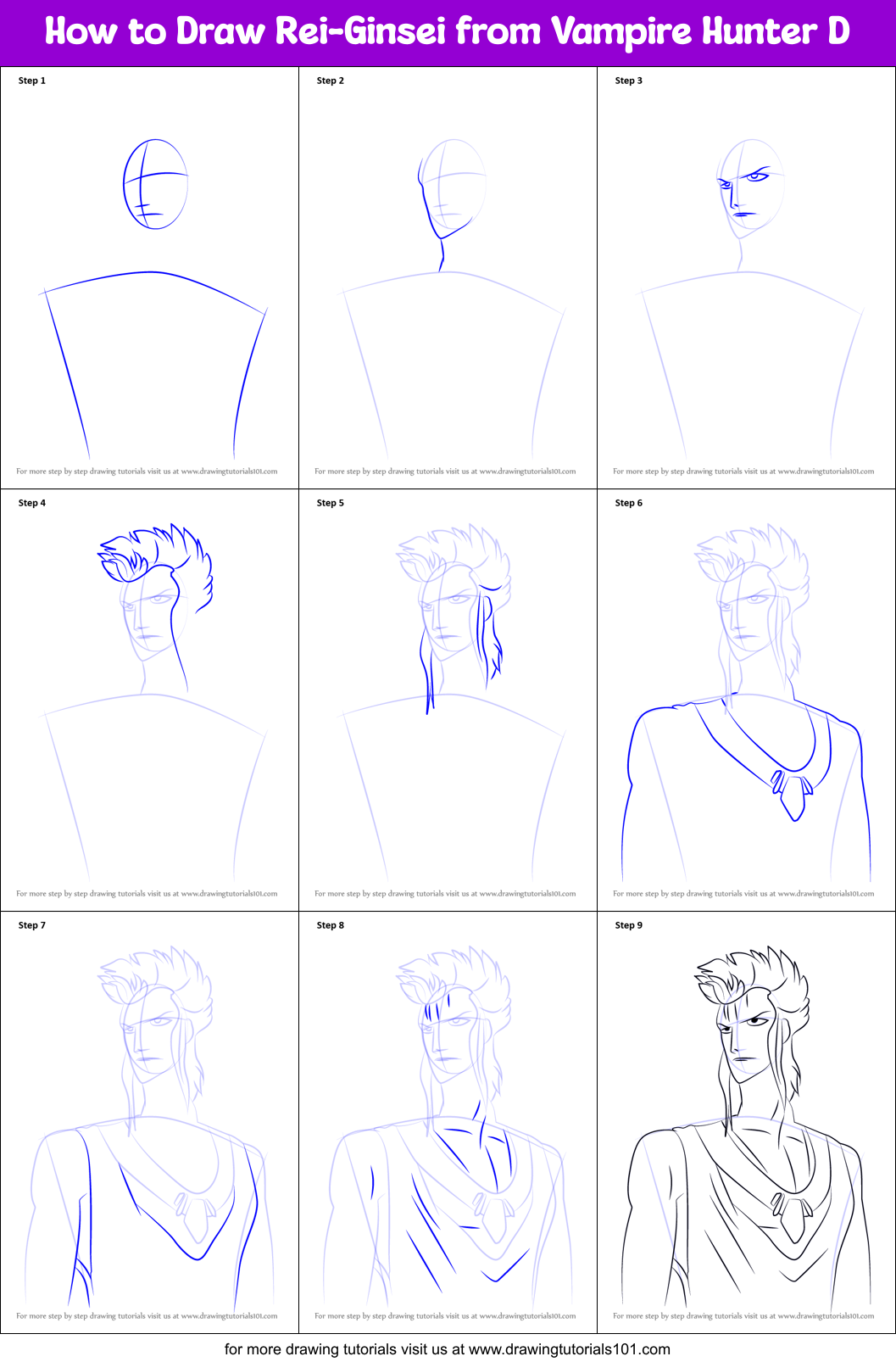 How to Draw Rei-Ginsei from Vampire Hunter D Printable Step by Step