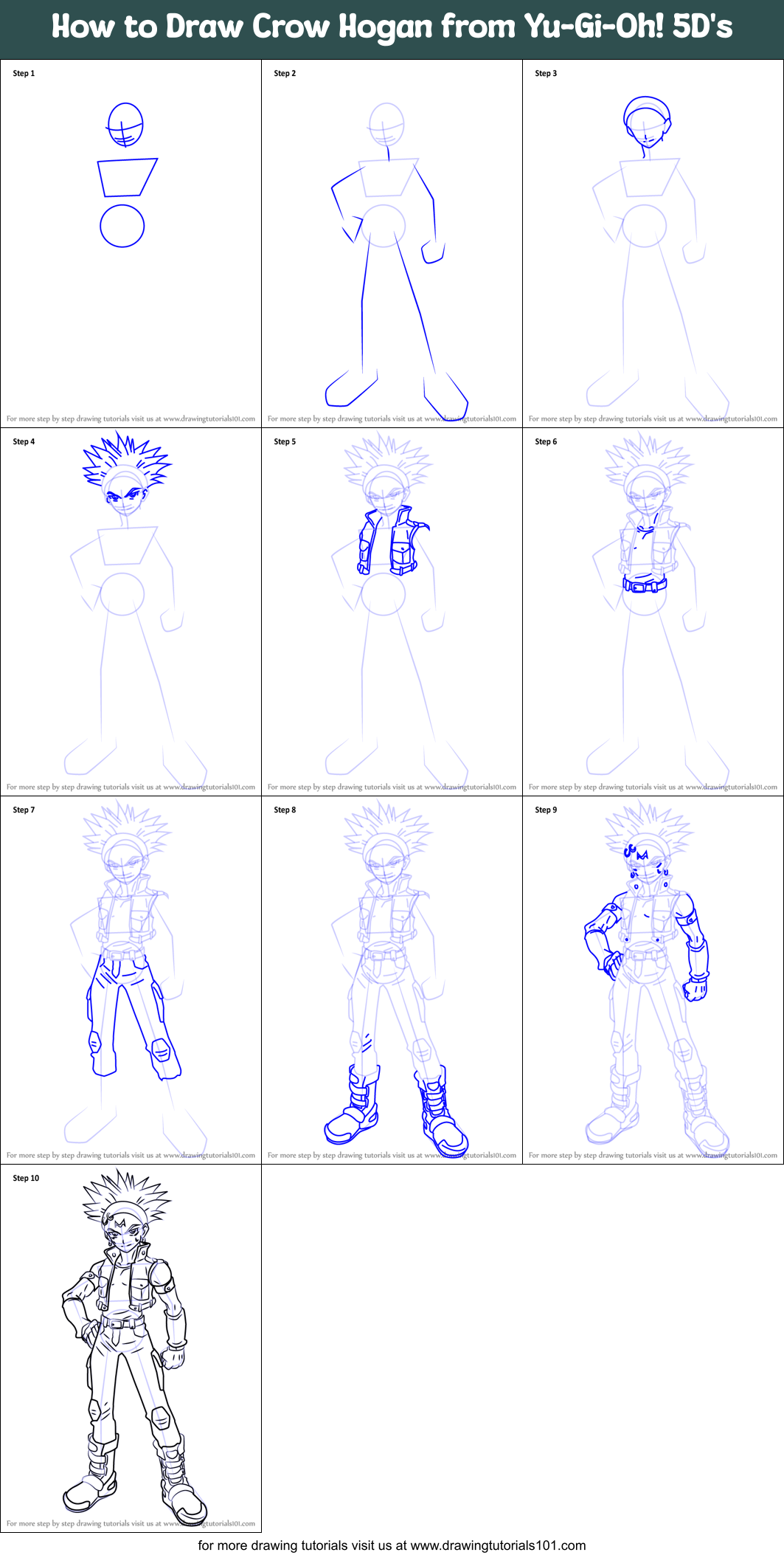 How to Draw Crow Hogan from Yu-Gi-Oh! 5D's Printable Step by Step