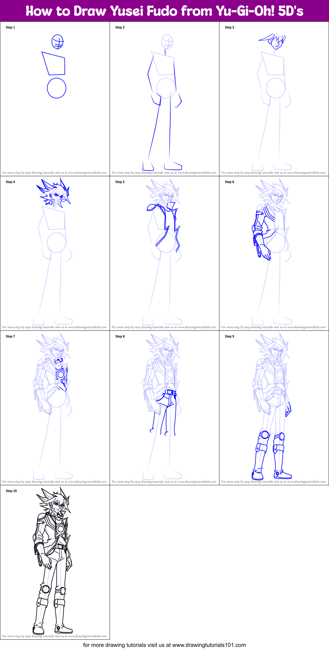 How to Draw Yusei Fudo from Yu-Gi-Oh! 5D's Printable Step by Step