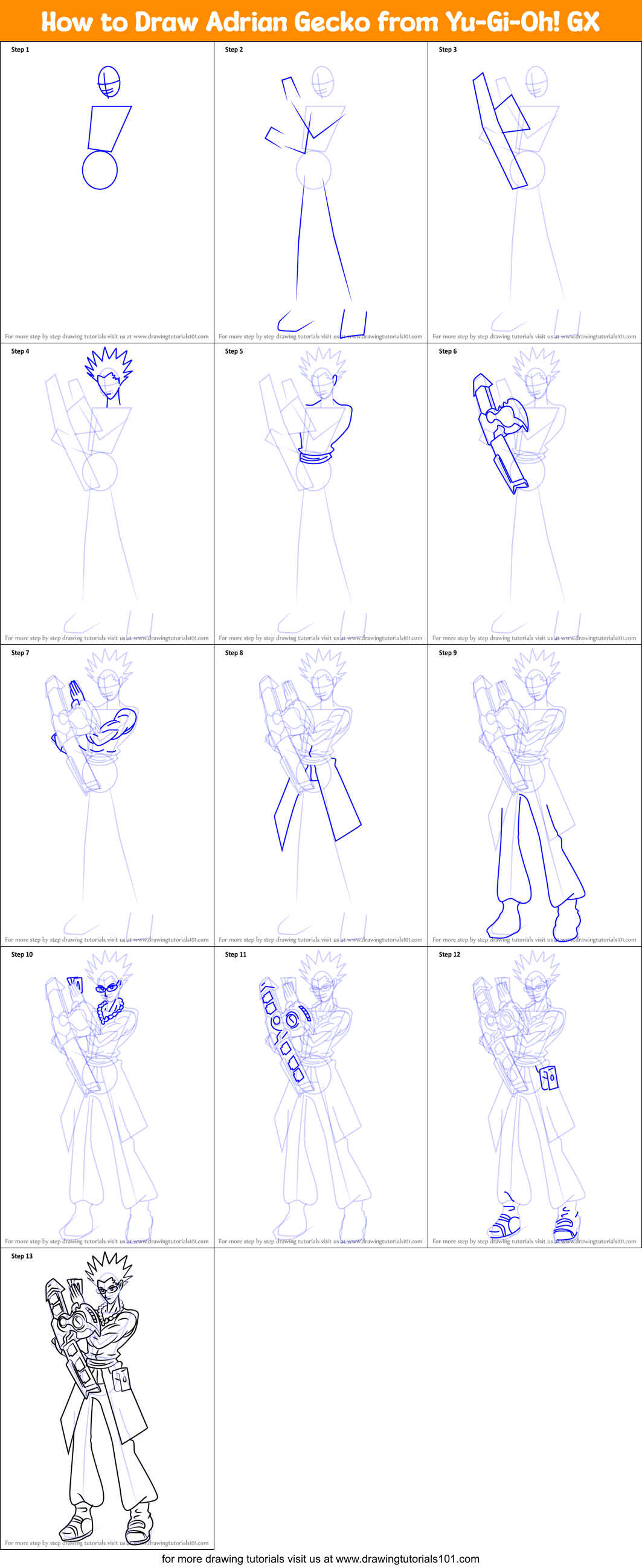 How to Draw Adrian Gecko from Yu-Gi-Oh! GX Printable Step by Step