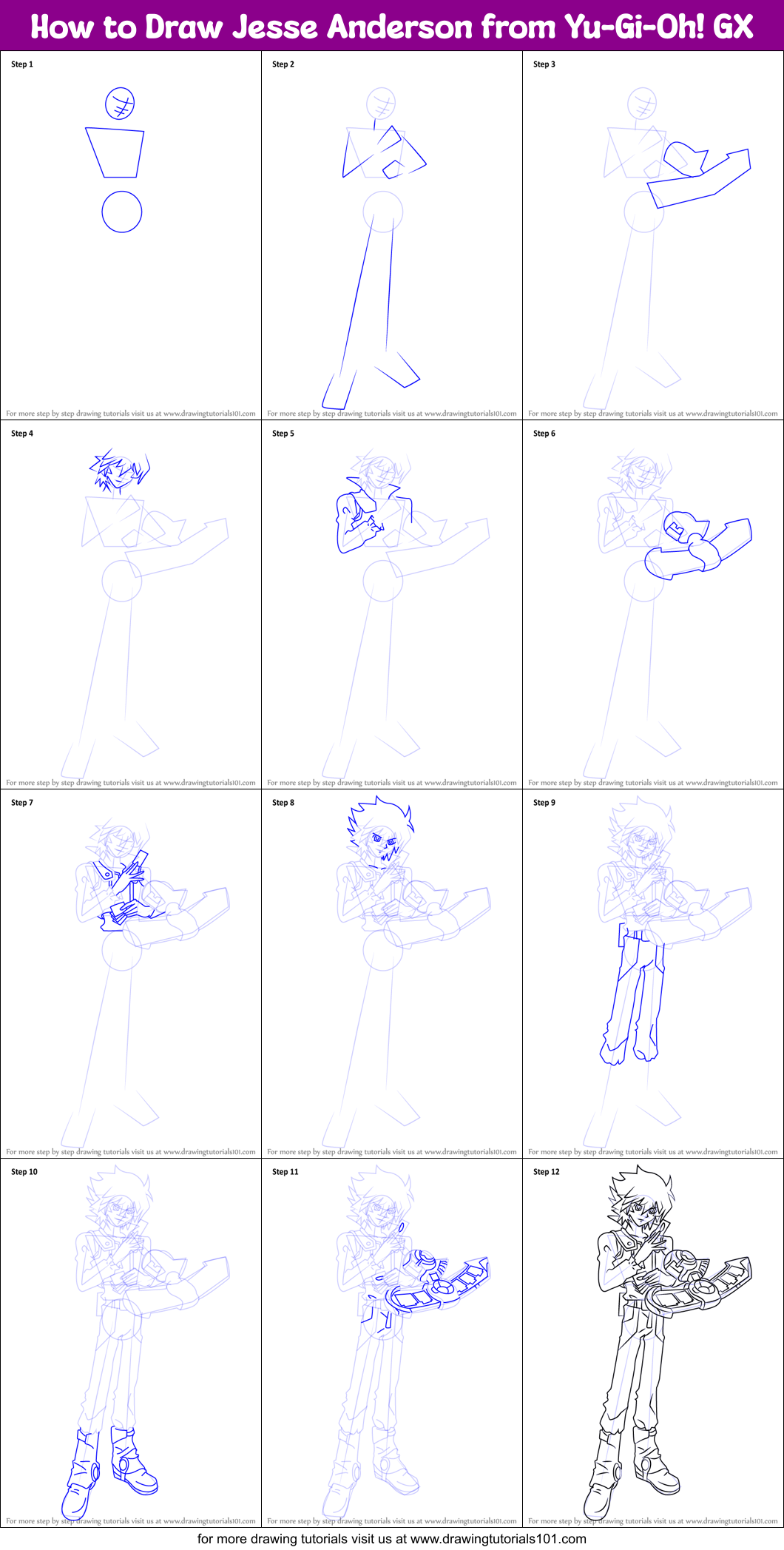 How to Draw Jesse Anderson from Yu-Gi-Oh! GX Printable Step by Step