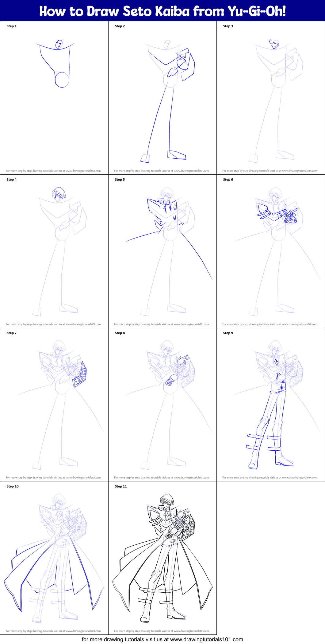 How to Draw Seto Kaiba from Yu-Gi-Oh! Printable Step by Step