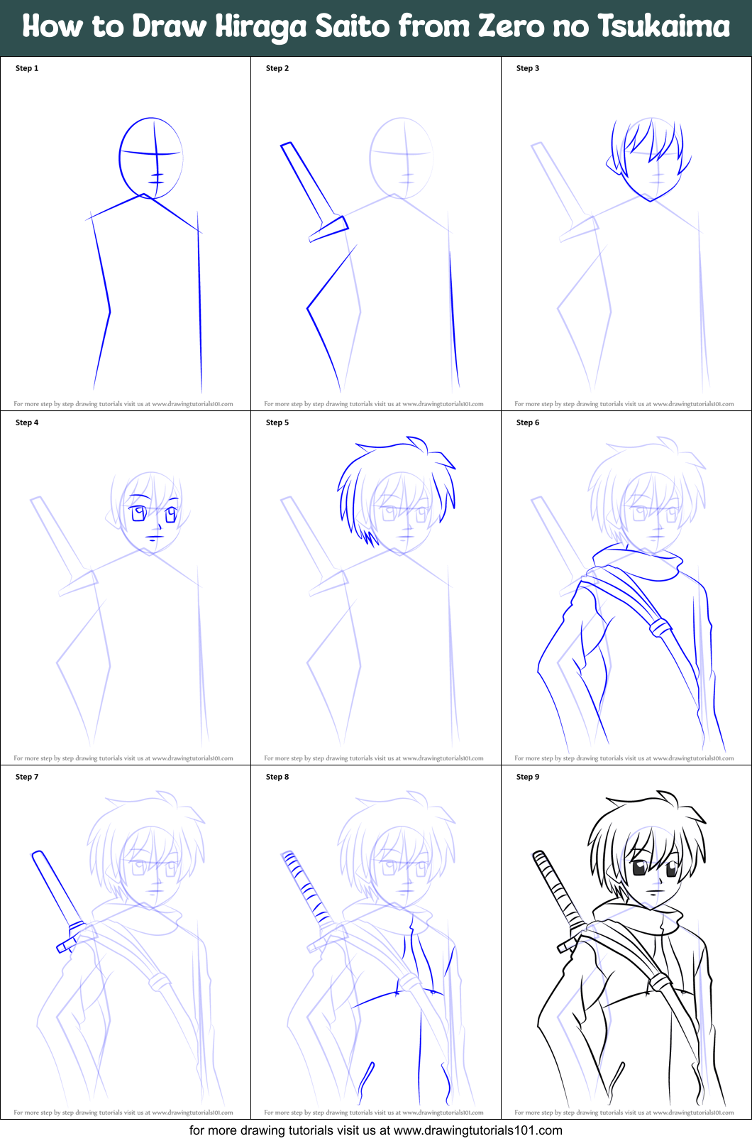 How to Draw Hiraga Saito from Zero no Tsukaima Printable Step by Step
