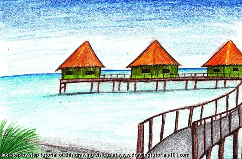Beach Huts Color Pencil Drawing