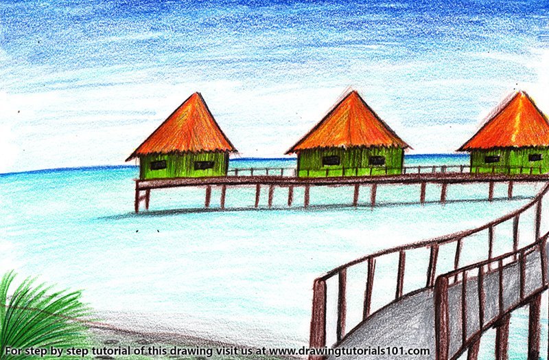 How to Draw Beach Huts by Color Pencils