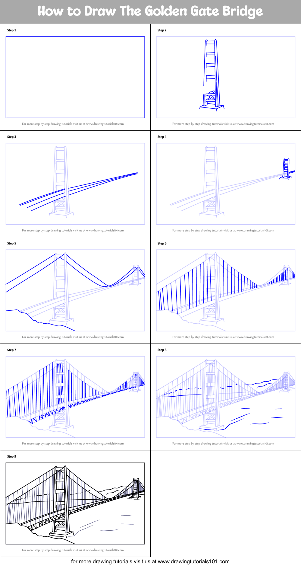 How to Draw The Golden Gate Bridge Printable Step by Step