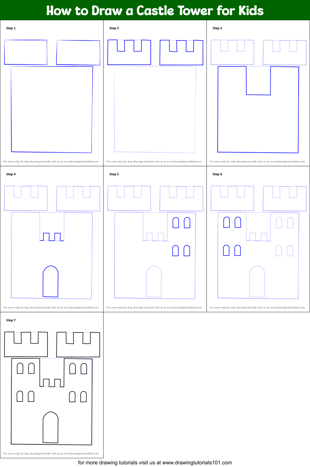 How to Draw a Castle Tower for Kids Printable Step by Step