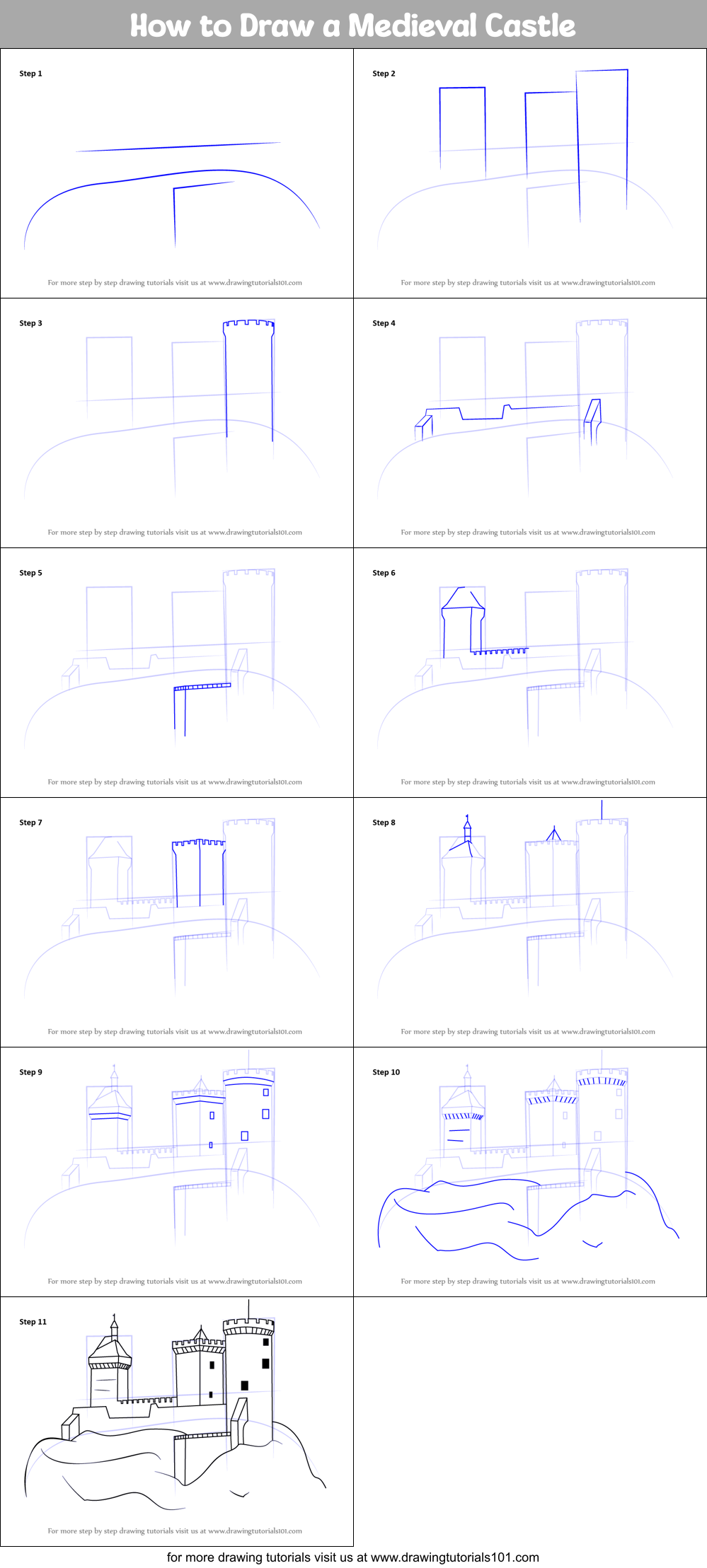 How to Draw a Medieval Castle Printable Step by Step