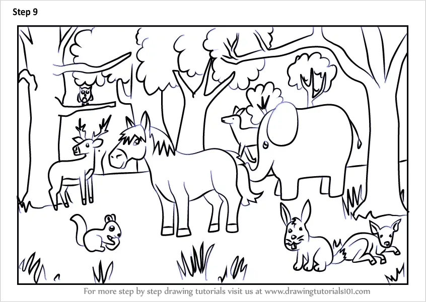 Learn How to Draw a Forest with Animals (Forests) Step by Step : Drawing  Tutorials