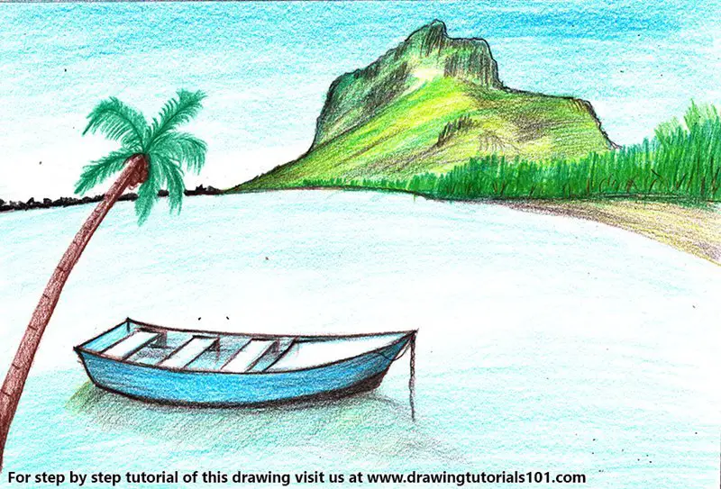 Boat in Water Scenery Color Pencil Drawing