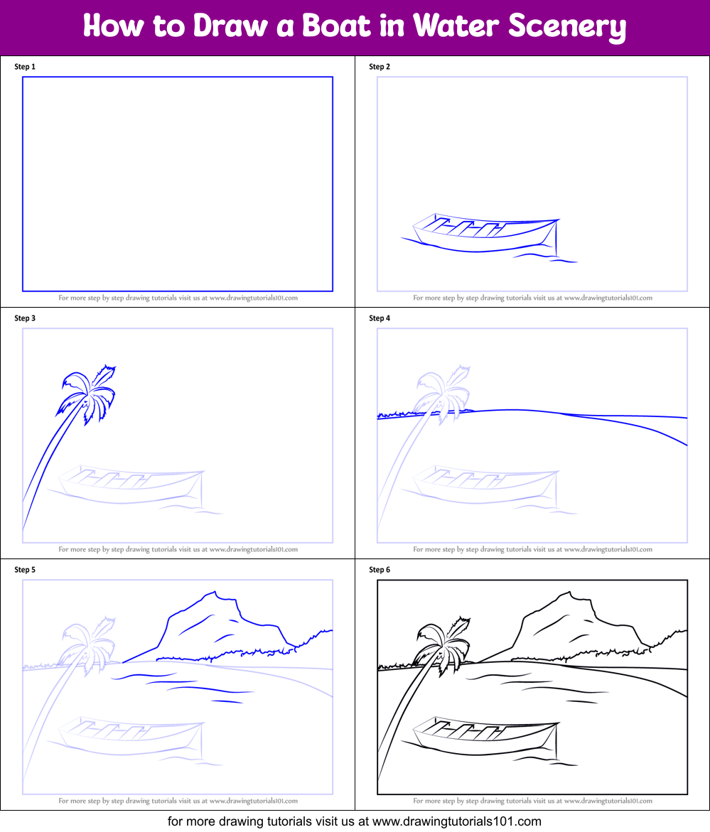 How to Draw a Boat in Water Scenery Printable Step by Step