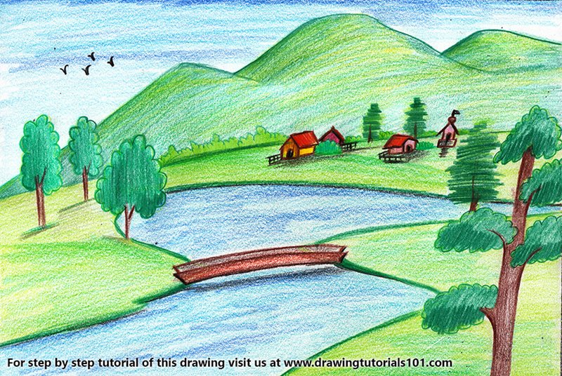 How to draw Village Scenery with pencil colour step by step | Courtyard ...  | Art drawings for kids, Scenery drawing for kids, Daisy painting