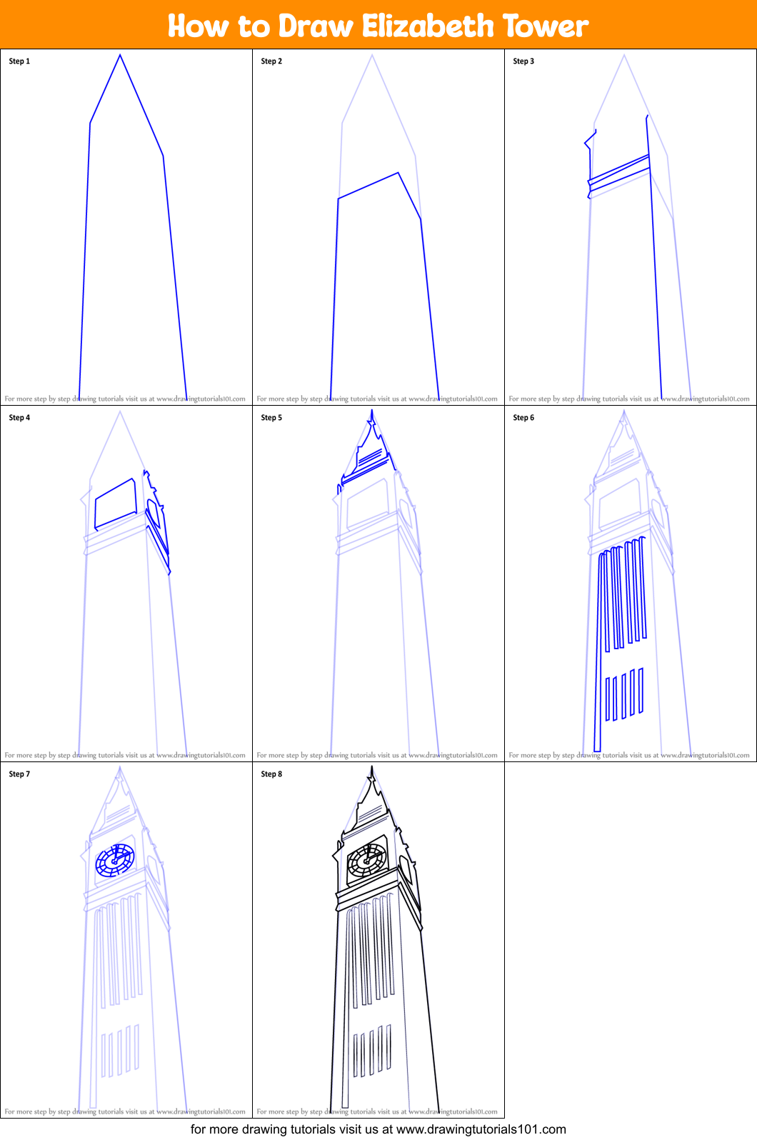 How to Draw Elizabeth Tower Printable Step by Step